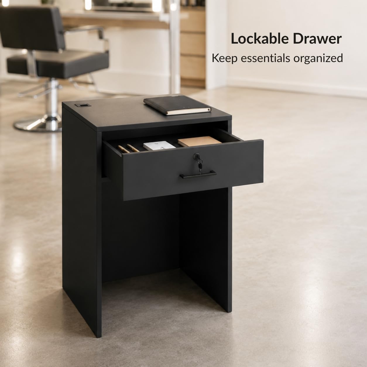 AGATEO Host Stand with Lockable Drawer, Small Reception Desk, 26-Inch Checkout Counter with Cable Grommet for Salons, Restaurants, Events and Retail, Black