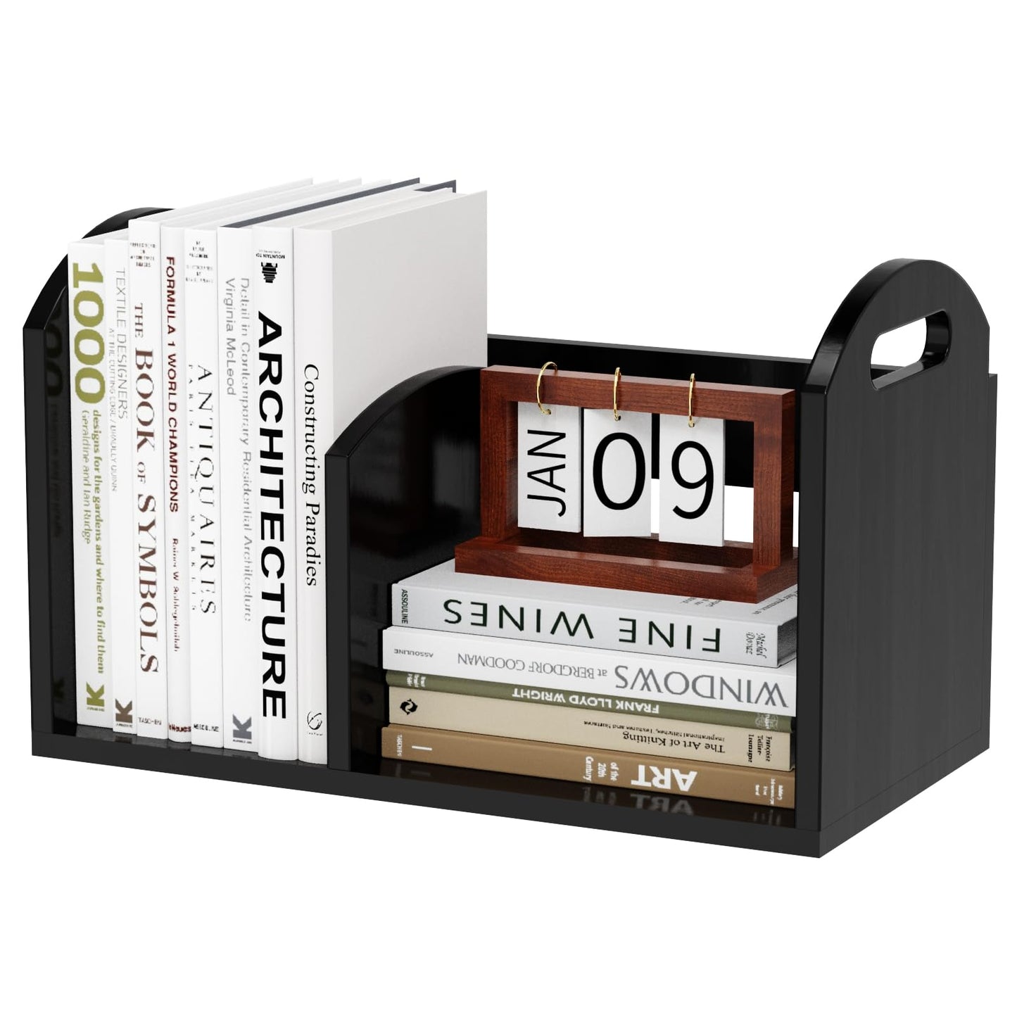 100% Solid Wood Adjustable Desktop Bookshelf, Retro Tabletop Book Shelf File Holder, Vertical Bookshelf Divider Desk Shelf for Home School Office Organization, Perfect for Books Magazine (Black)
