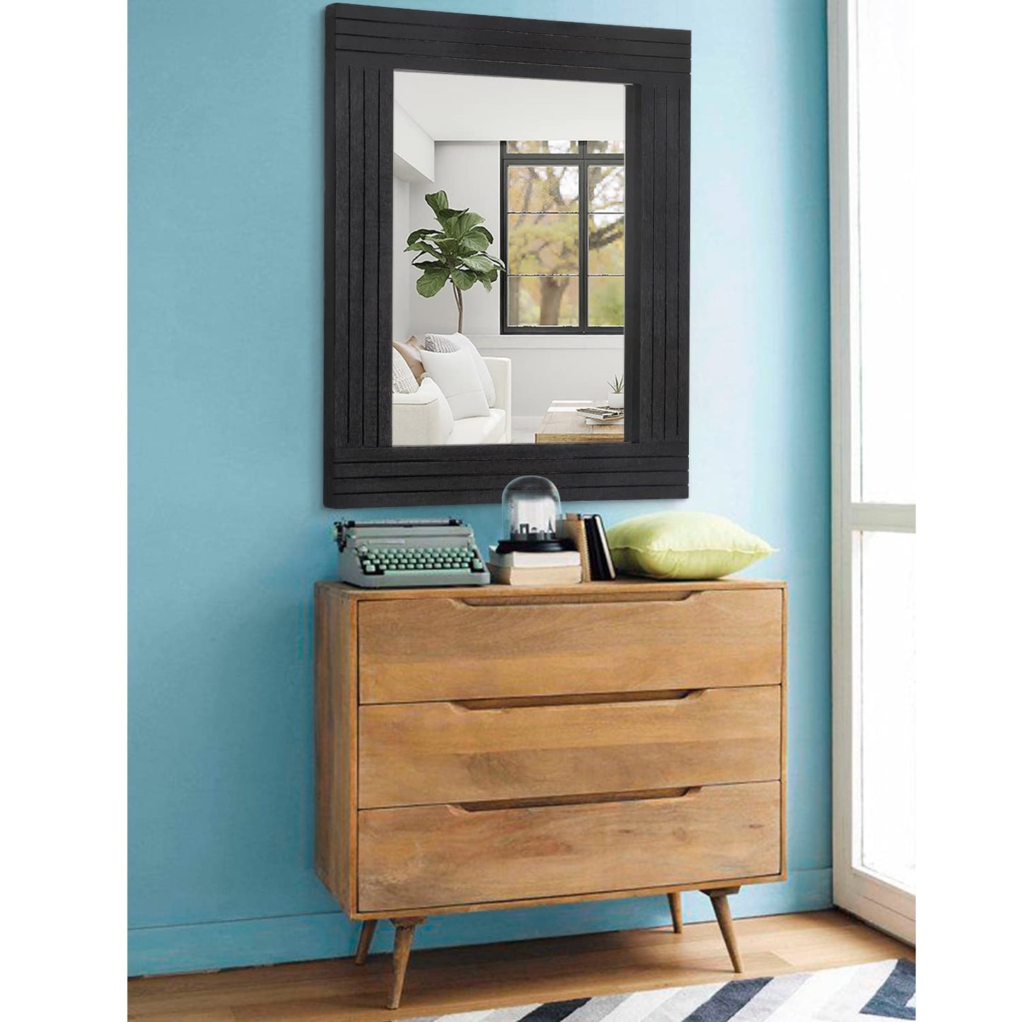 HLFMVWE Black Rectangular Vintage Rustic Wood Framed Large Mirror - Deco Farmhouse Living Room Bathroom Bedroom Entrance - 26" x 18"
