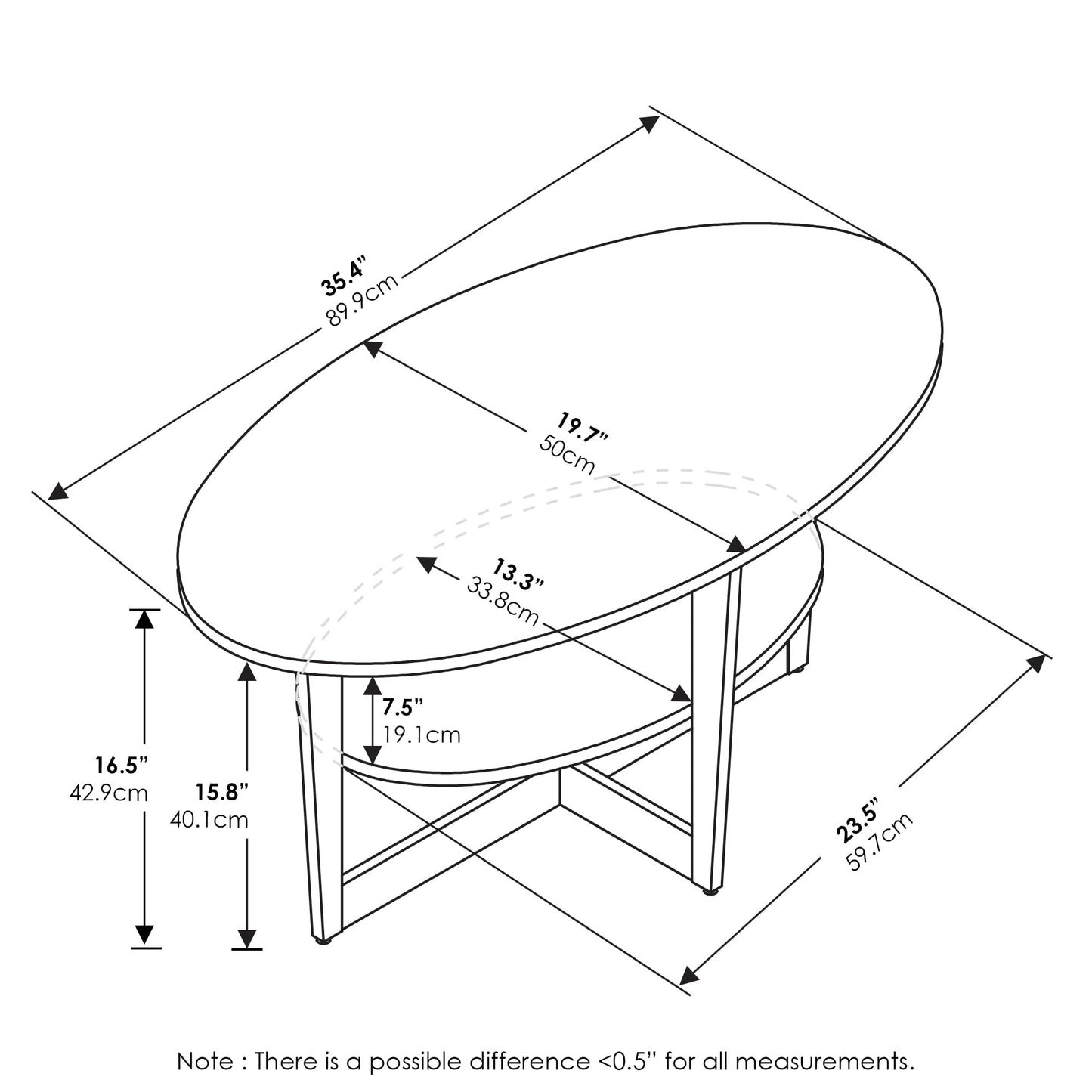 Furinno Jaya 2-Tier Round Coffee Table, Small Black Coffee Table with Storage Shelf, Oval Center Table for Living Room, Bedroom, Home Office, Black Walnut