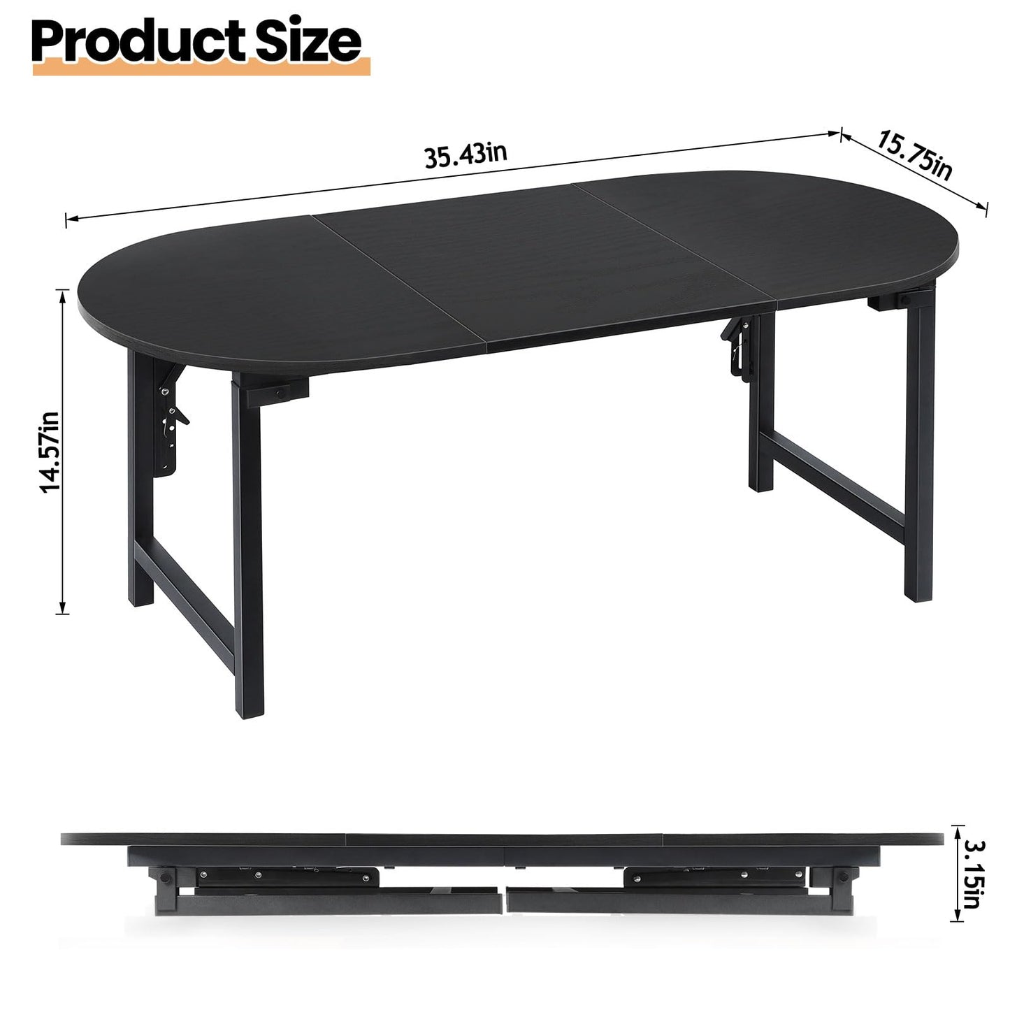 CADUKE Folding Coffee Table, Oval Small Coffee Table for Living Room Black Center Table Leg Latches Portable Tables for Small Spaces, Home Office