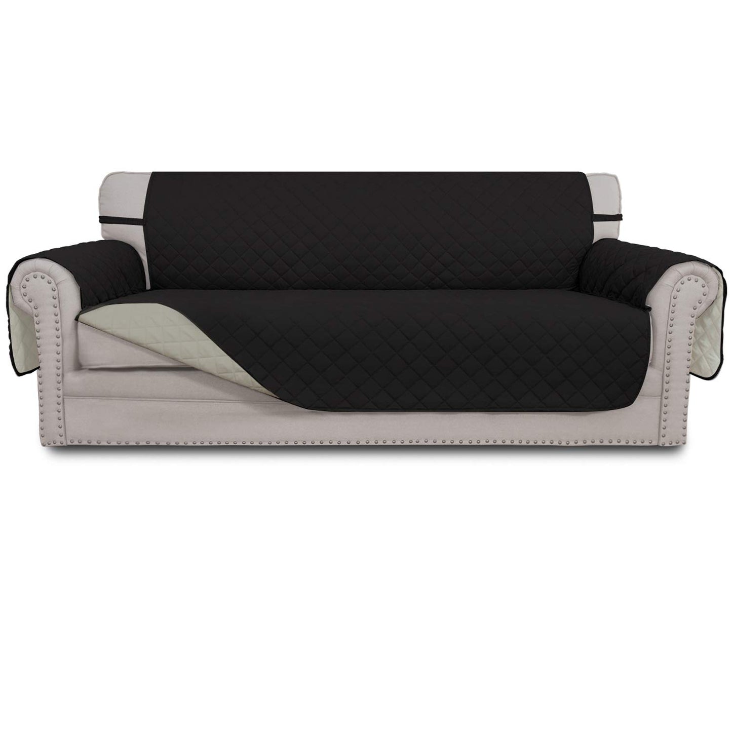 Easy-Going Reversible Couch Cover for 3 Cushion Couch Sofa Cover for Dogs Water Resistant Furniture Protector Cover with Foam Sticks Elastic Straps for Pet Cat (Sofa, Black/Beige)