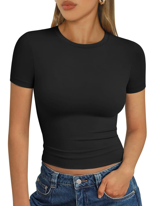 AUTOMET Womens Short Sleeve T Shirts Basic Summer 2025 Workout Tops Crew Neck Gym Crop Tops Trendy Y2K Clothes Black M