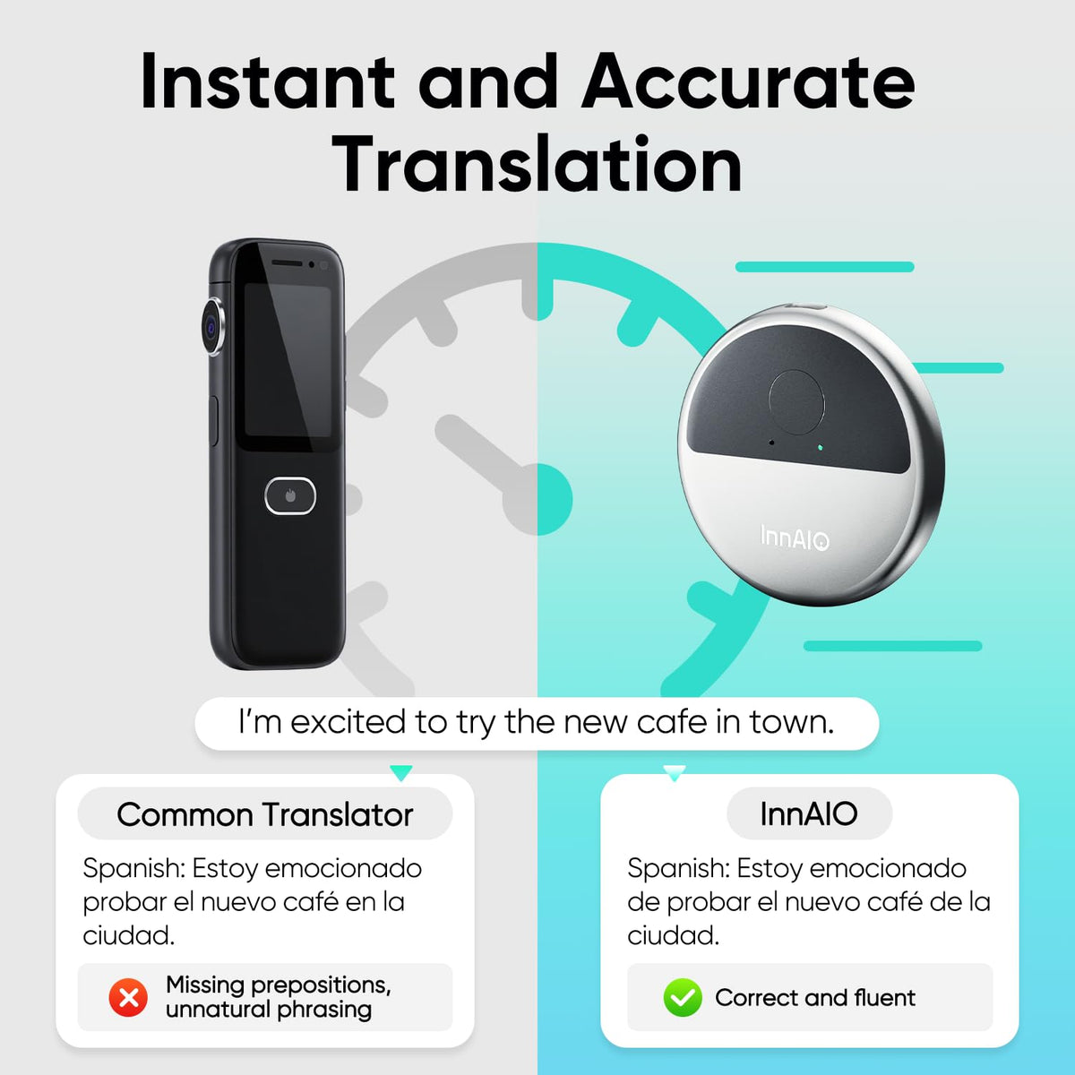 InnAIO T10 AI Language Translator Device, Real-Time Two-Way Voice Translator with GPT Accuracy & Voice Cloning, Pocket Spanish to English Translator for Travel, Business & Video Calls (140+ Languages)