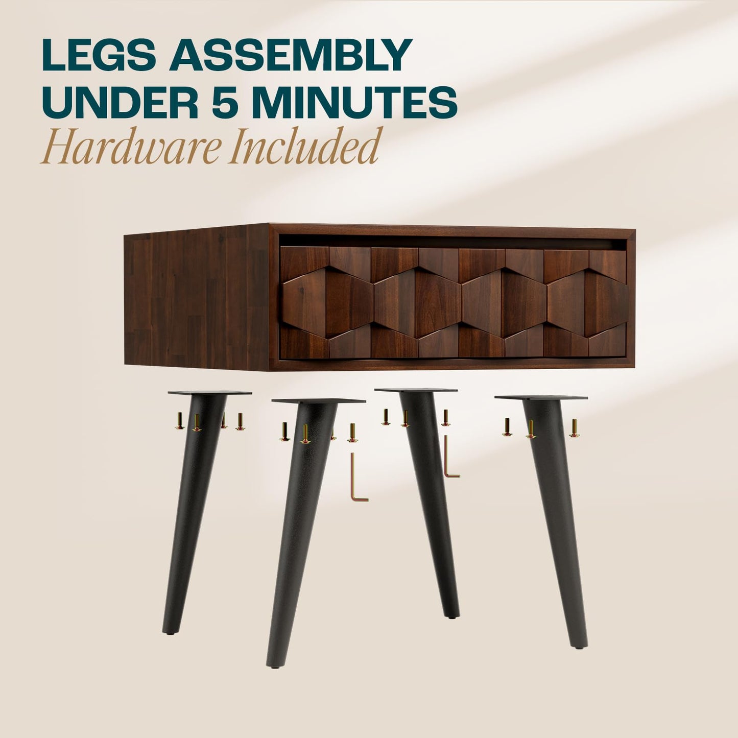 Bme Georgina Solid Wood Mid-Century Modern Side Table with Drawer – Fully Assembled Bedside Table with Rustic Geometric Pattern for Living Room or Bedroom