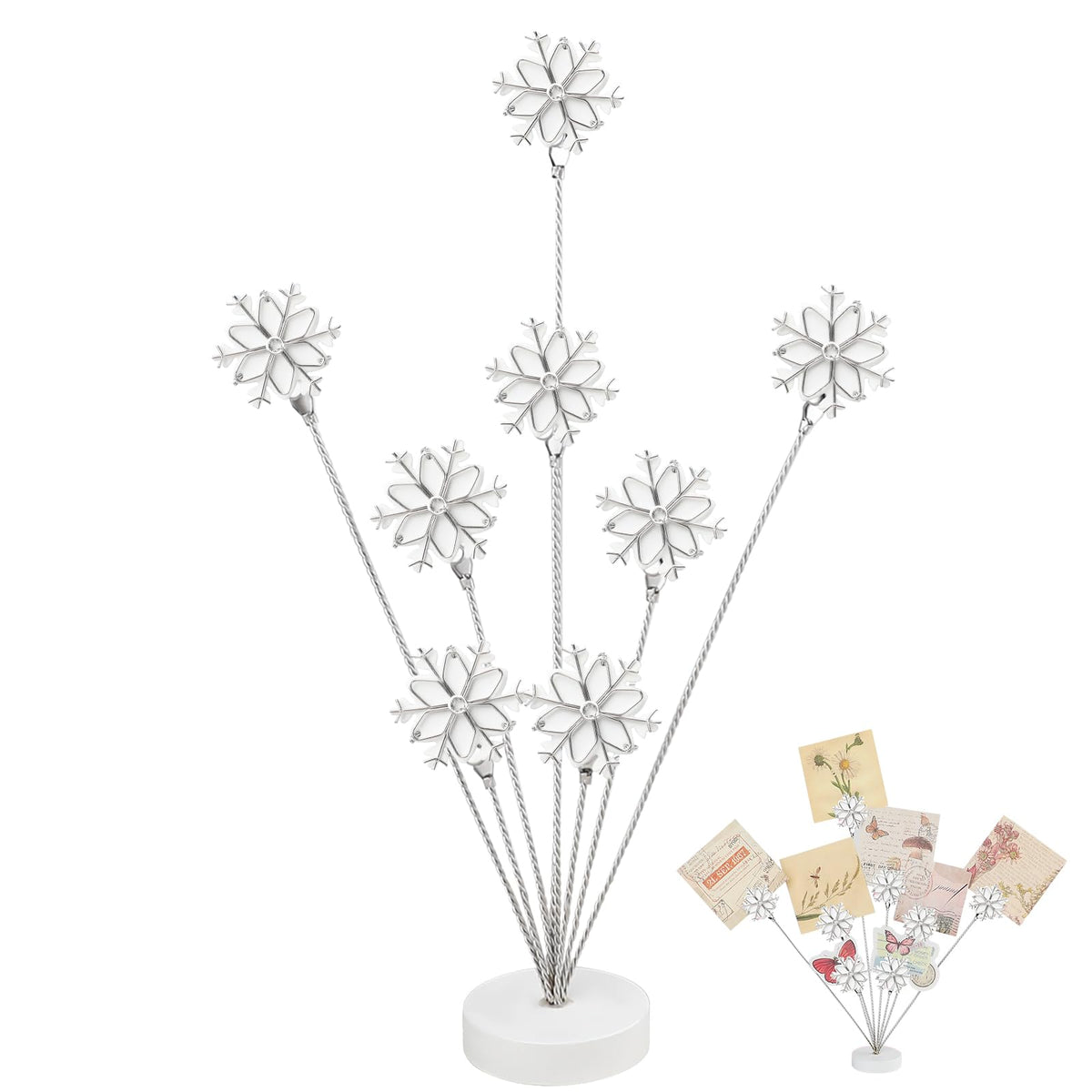 8-Branch Photo Tree Holder with Clips,Family Money Tree Picture Frame Stand,White Snowflake Gift Card Holder for Christmas,Cards, Notes, Memos,Wedding Photos, Office Desk and Home Decor