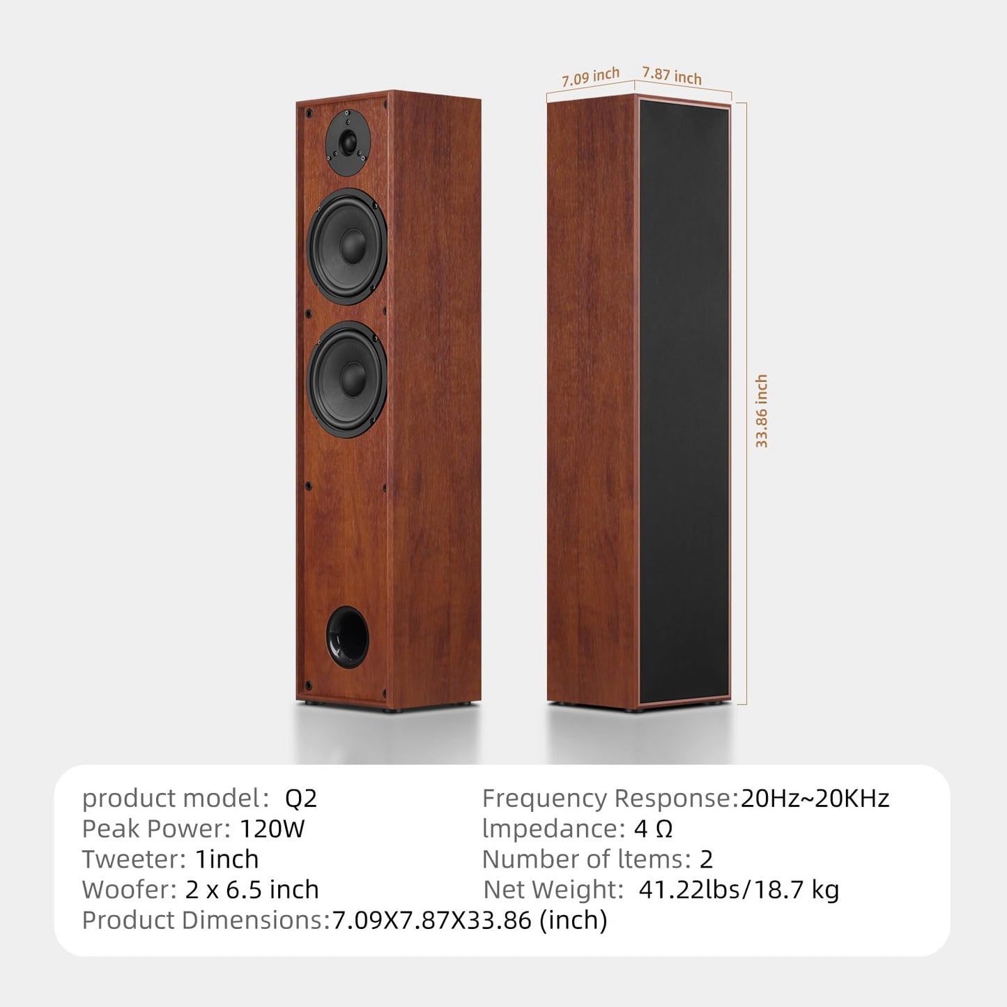 Elimavi Passive Floorstanding Stereo Speakers, Tower Design with 1" Tweeter and 6.5" Woofer, Two-Way System, 4-Ohm Impedance, 120W RMS, Sturdy MDF Cabinet, Ideal for Home Theater Systems, Brown