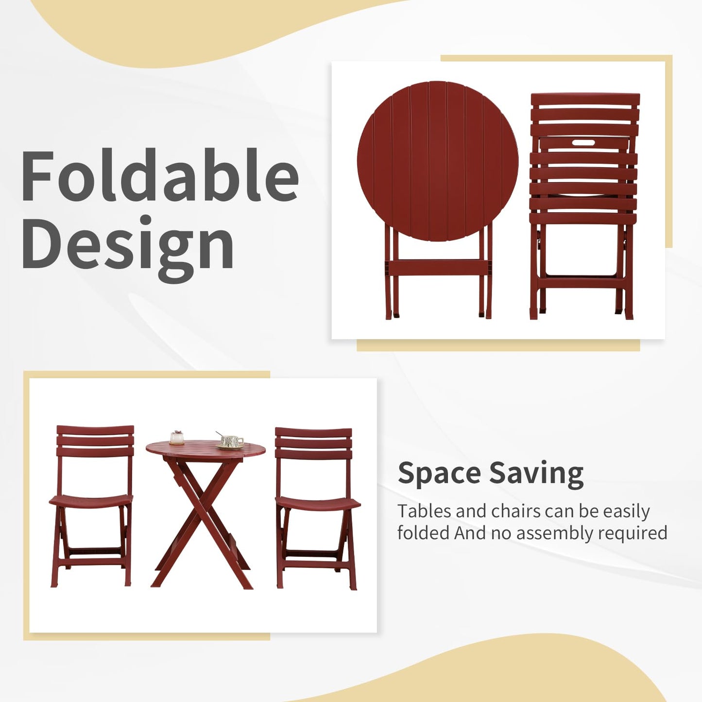 KAIHAOWIN Folding Bistro Set Foldable Outdoor Cafe Table and Chairs for 2 Small Furniture 3-Piece Porch Backyard Balcony Garden Patio-Red