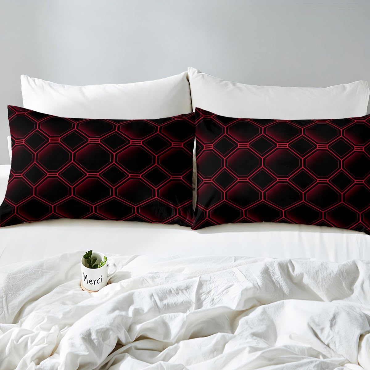 Erosebridal Honeycomb Queen Sheet Set for Boys Kids,3D Stereoscopic Red and Black Hexagon Sheets Geometric Hexagonal Beehive Bed Sheets Set,Abstract Art Geometric Room Decor