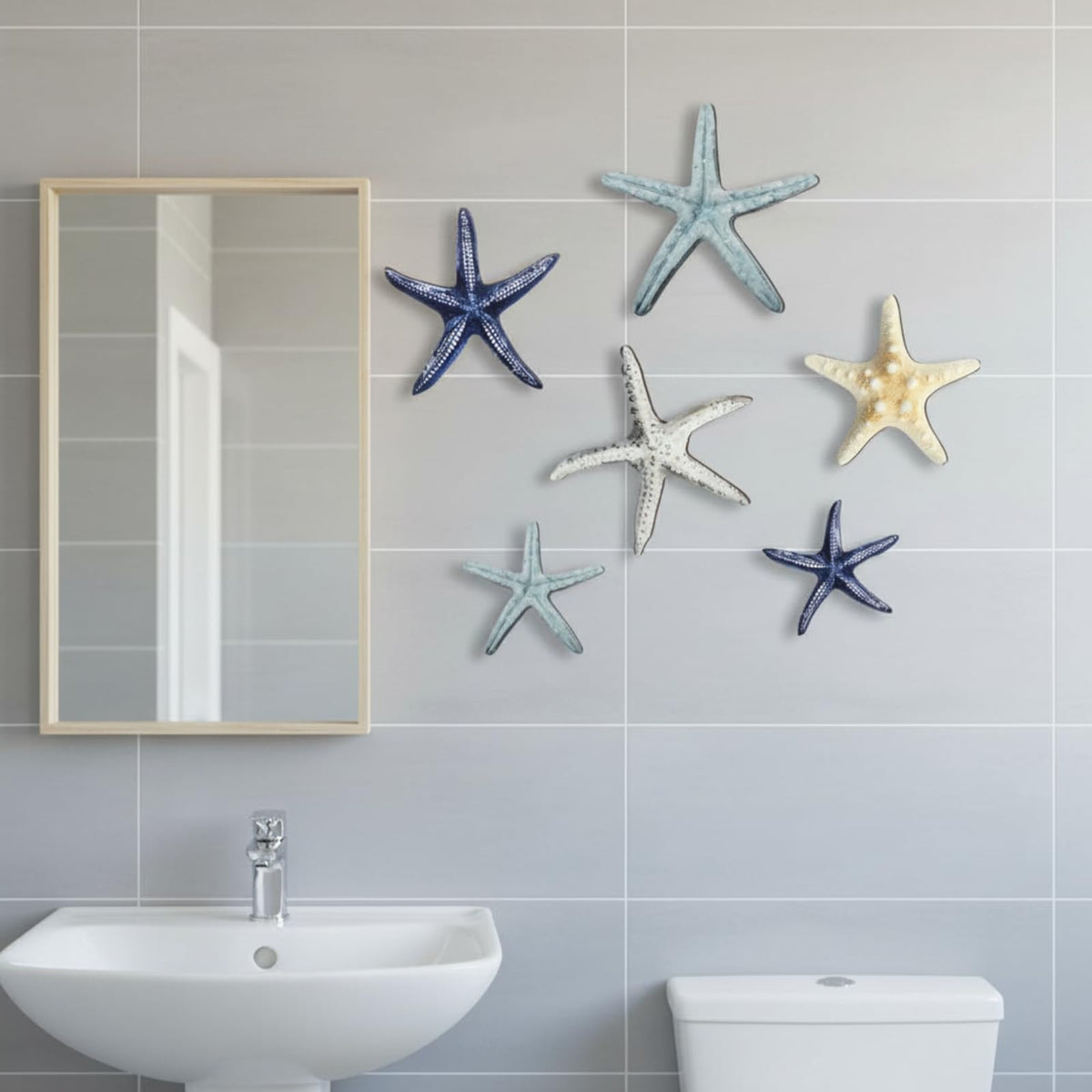 CroBlissful 6 Pcs Summer Starfish Wall Decor Beach Starfish Wooden Wall Art Beach Coastal Wooden Sign with Hook Summer Hanging Decoration for Home Farmhouse Sculpture Indoor Outdoor
