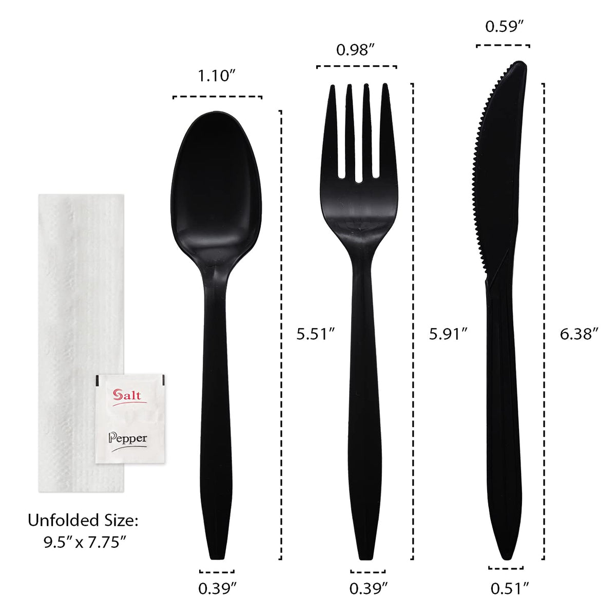 Party Essentials Individually Wrapped Plastic Cutlery Kits/Silverware Packets, 250 Sets, Black Fork/Spoon/Knife/Napkin/Salt/Pepper