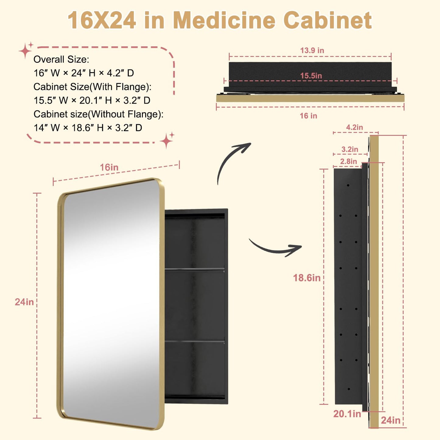 Venlus Gold Framed Medicine Cabinet with Mirror, 16x24 Inch Fully Assembled Recessed or Surface Mount Bathroom Medicine Cabinet, Black Metal Cabinet with Adjustable Glass Shelves