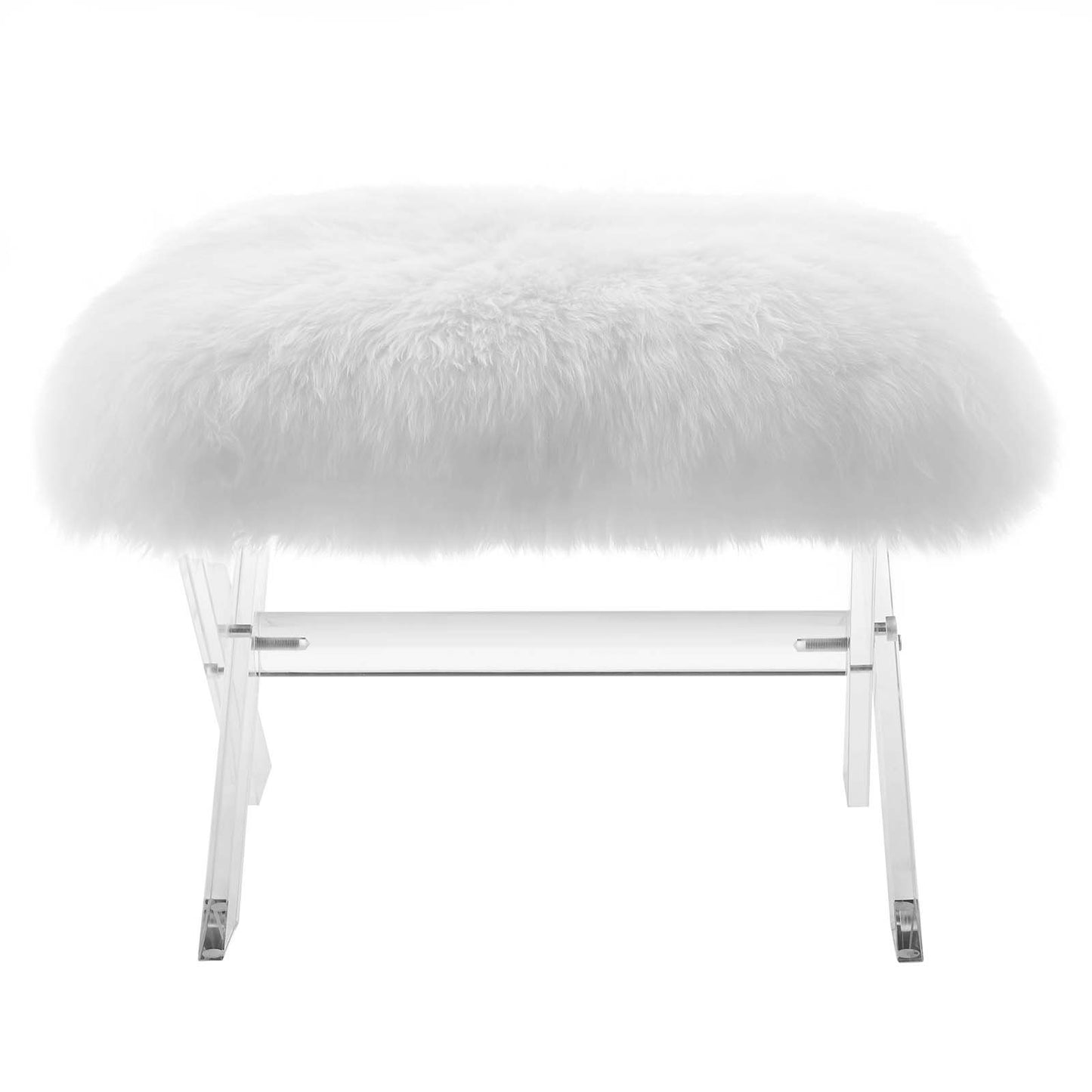 Modway Swift Acrylic X-Base Entryway Modern Bench With Authentic Pure White Sheepskin