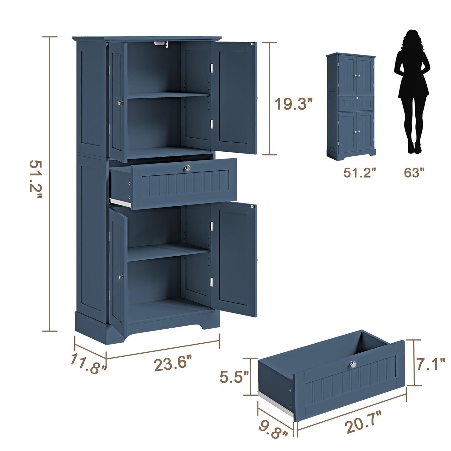 ChooChoo 51" H Tall Bathroom Floor Cabinet, Modern Bathroom Storage Cabinet with Drawer and Adjustable Shelves, Freestanding Kitchen Pantry Cupboard with 4 Doors for Living Room, Blue