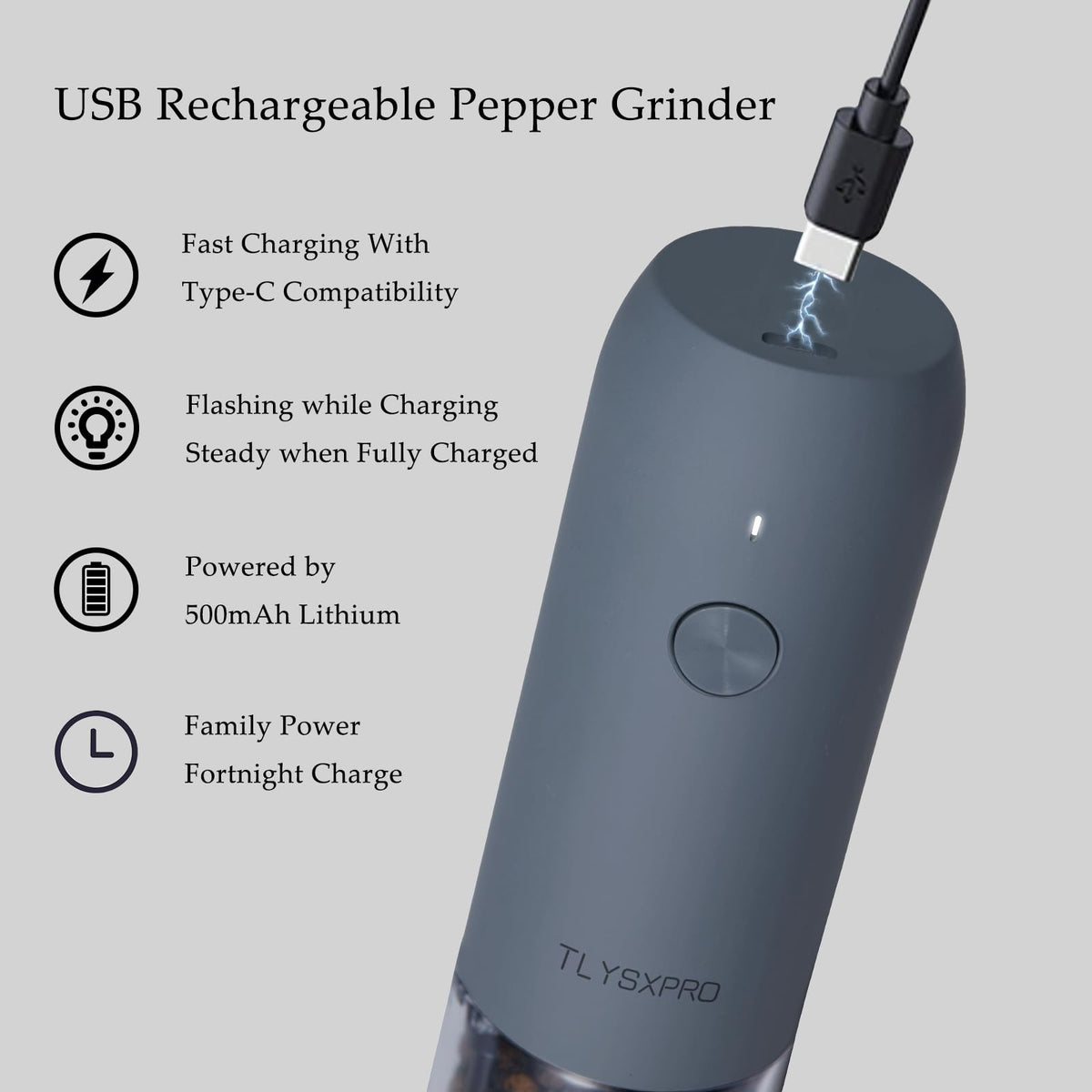 TLYSXPRO Electric Salt and Pepper Grinder Set with USB Rechargeable, Automatic One Hand Operation with Adjustable Coarseness, Pepper Mill Grinder Refillable with LED Light (2 Packs, Blue-Grey)