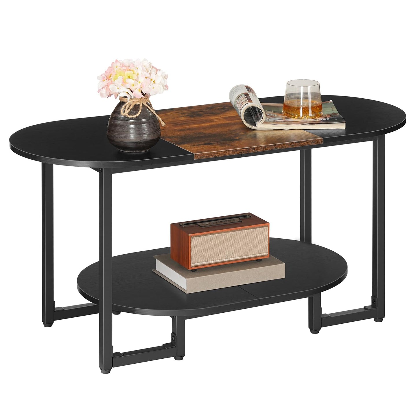 HOOBRO Coffee Table for Living Room, Oval Small Coffee Table with 2-Tier Open Storage Shelf, Industrial Cocktail Tea Table, Wooden Desktop Center Table, Home Office, Rustic Brown and Black BFK09KF01