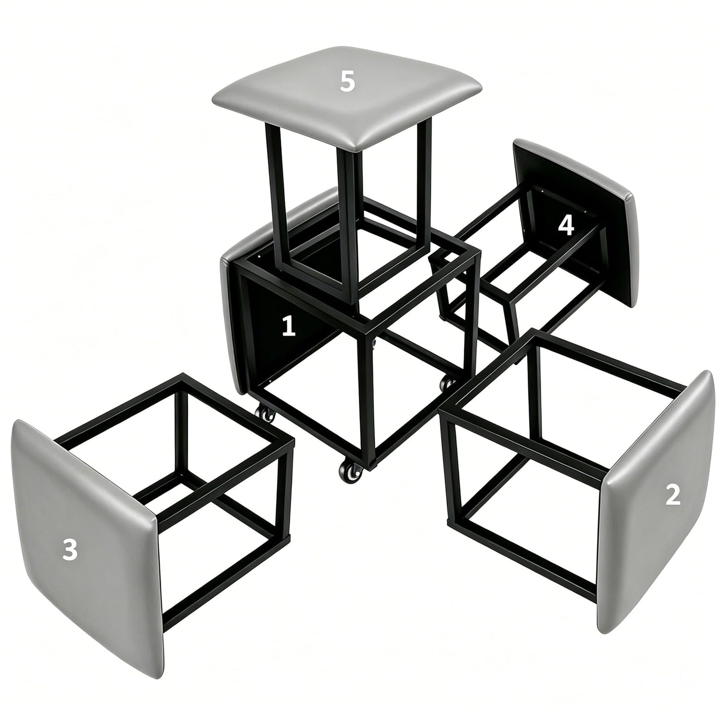 LUGSHIREE 5 in 1 Nesting Ottoman Cube Chair, Stackable Stools, Leather Square Ottoman Bench, Foot Stool with Wheels for Living Room,Dining Room 15.75x15.75x16.54 inches