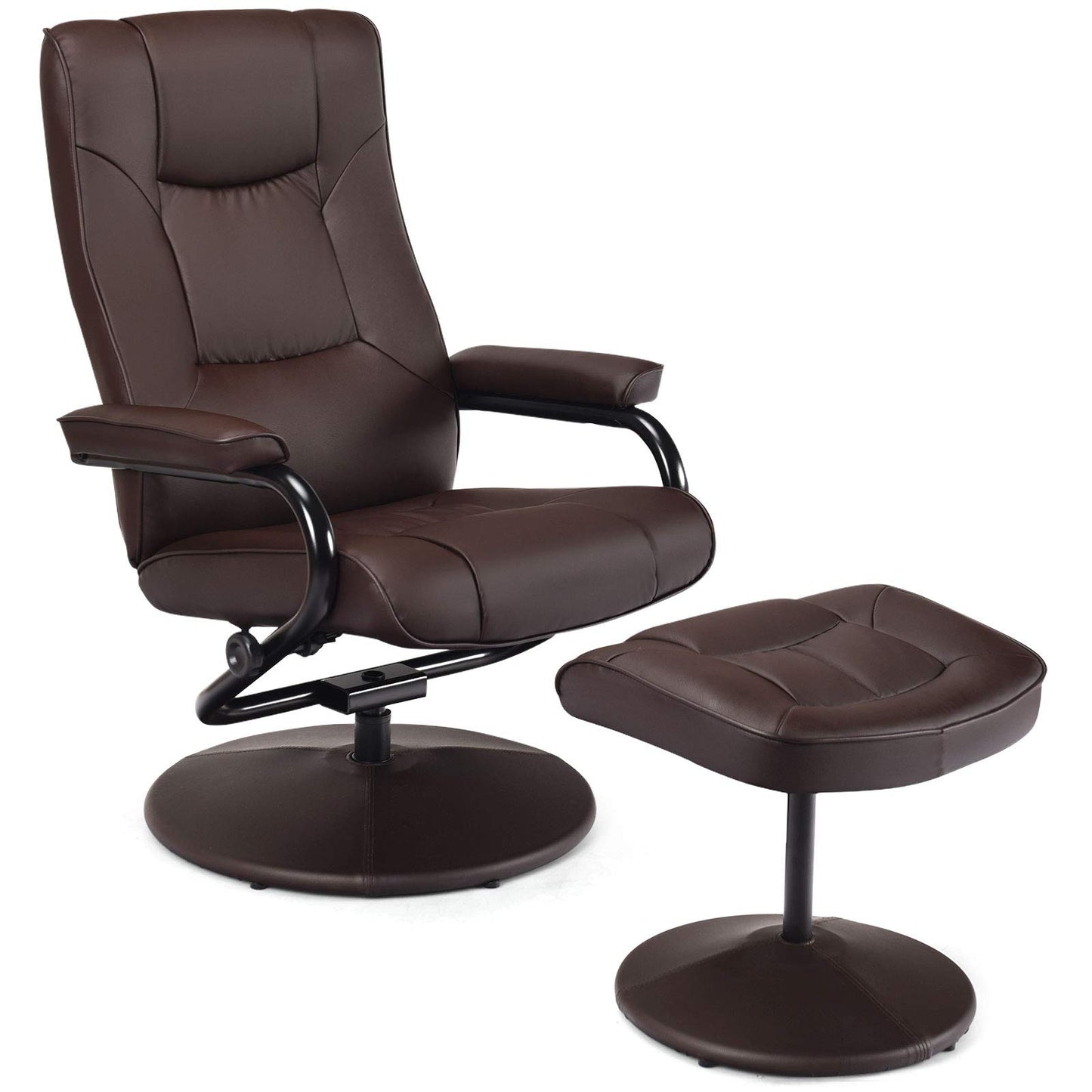 WATERJOY Swivel Recliner Chair, PU Leather Lounge Armchair Recliner, 360 Degree Swivel Overstuffed Padded Seat Chair with Footrest Stool Ottoman Set for Office Living Room Brown