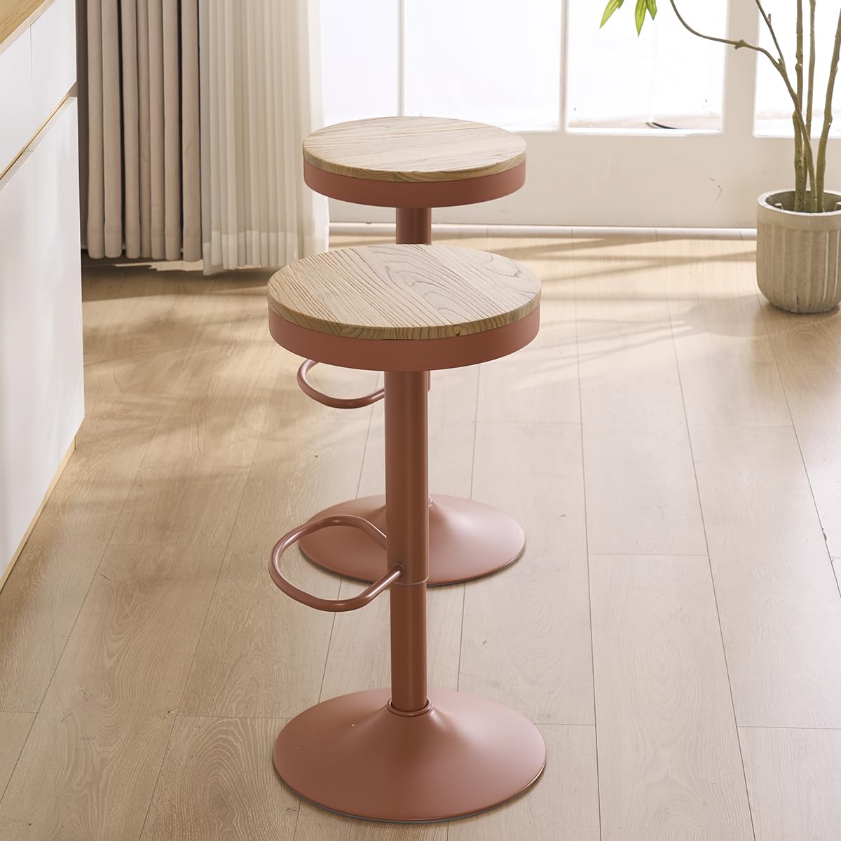 Kidol & Shellder Bar Stools Set of 2 Round Adjustable Swivel Barstools Modern Backless Bar Chairs Wooden Seat Counter Height Stools Armless for Kitchen Island, Cafe, Dining Room Terracotta