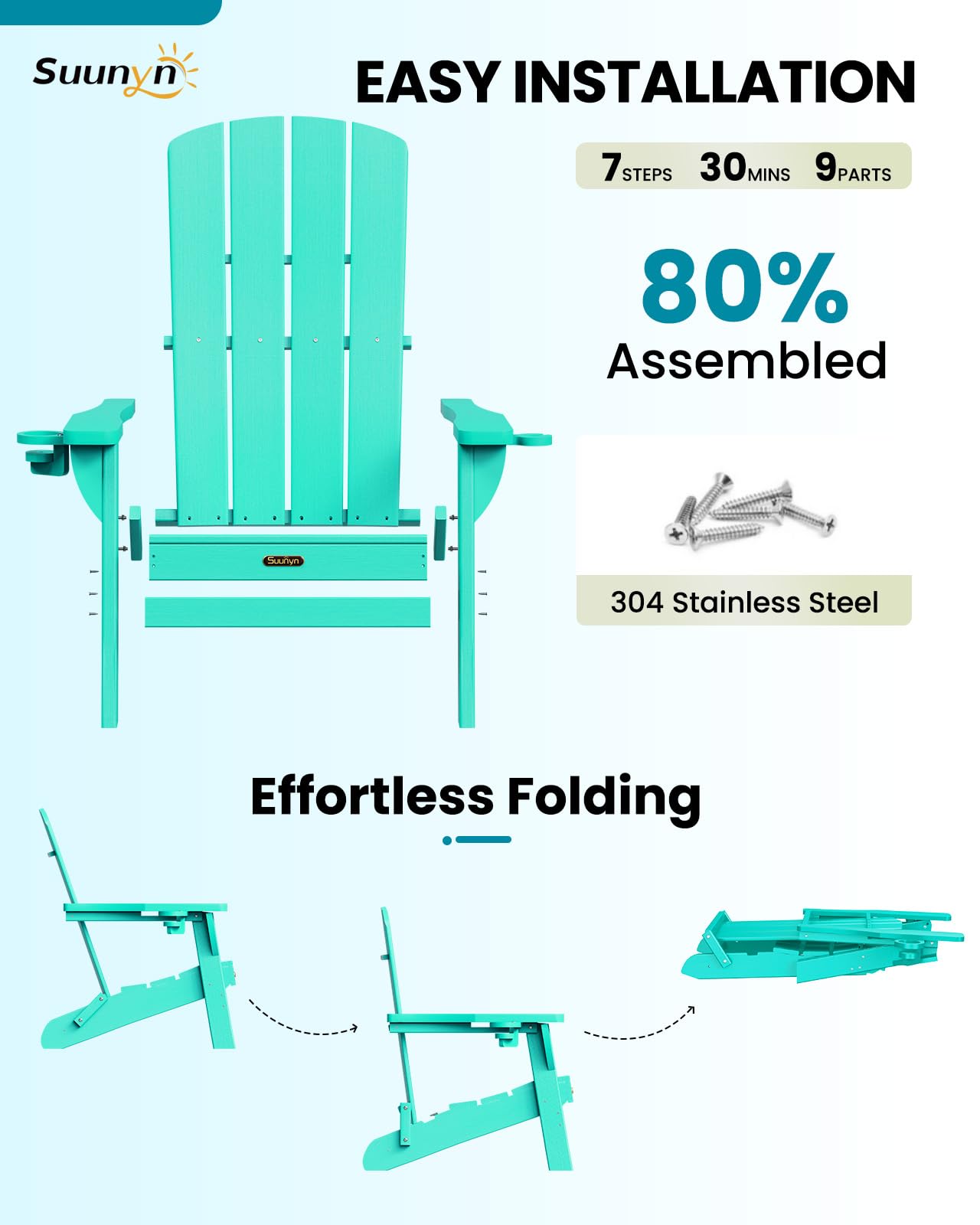 SUUNYN Folding Adirondack Chair, HDPE Adirondack Chairs with 2 Cup Holder, Plastic All-Weather Fire Pit Chairs, Outdoor Lawn Chair for Patio Garden (Lake Blue)