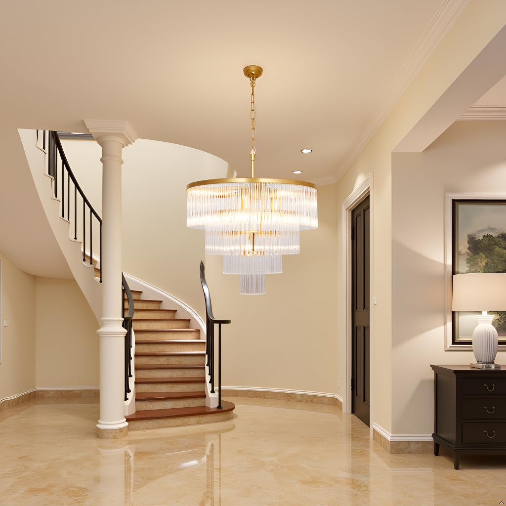 CHGUOSZ Modern Multi-Tier Crystal Chandelier 4-Tier Round Gold Finish Ceiling Light -Cylindrical Glass Rods -Dining Room Living Room Bedroom Entryway -Luxury Lighting Fixture 20''