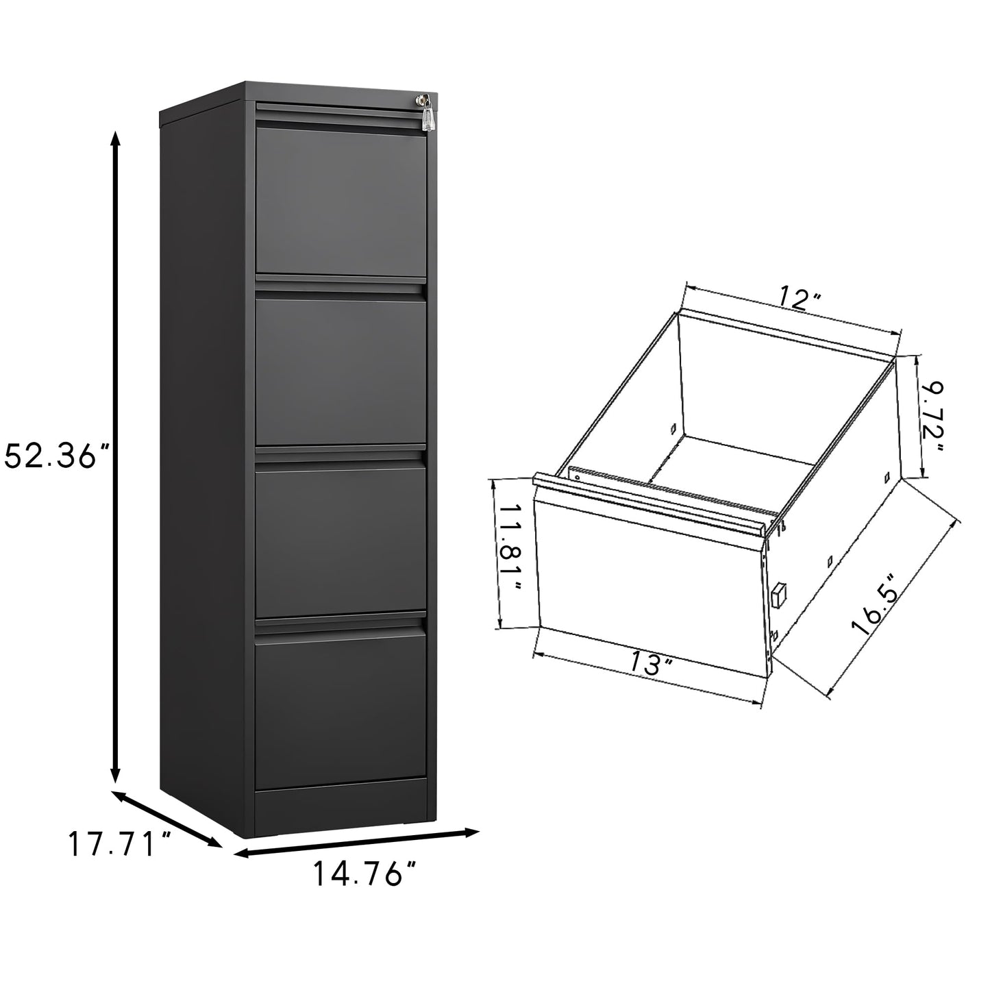 BouPower 4 Drawer File Cabinet with Lock, Vertical File Cabinets for Home Office, Heavy Duty Metal Lockable Filing Storage Cabinet for Letter/Legal/a4/f4 Size Files, Assembly Required, Black