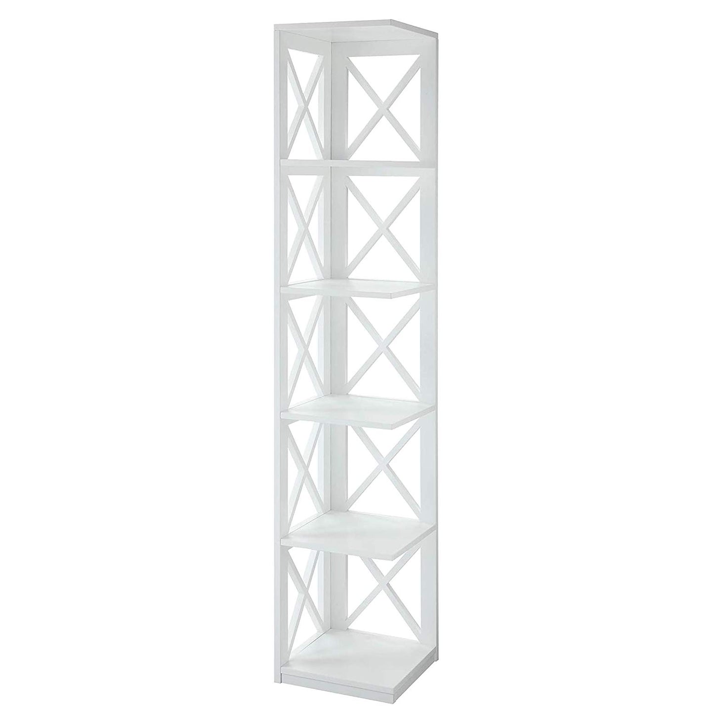 Convenience Concepts Oxford Corner Bookcase 12" - 5-Tier Slim Farmhouse Bookcase for Modern Living & Family Room, Media Storage Organizer for Home Office Library, Tall Shelving Unit, White