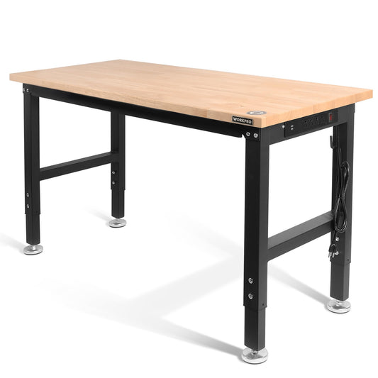 WORKPRO 48" Adjustable Workbench, Rubber Wood Top Heavy-Duty Workstation, 2000 LBS Load Capacity Hardwood Worktable with Power Outlets, for Workshop, Garage