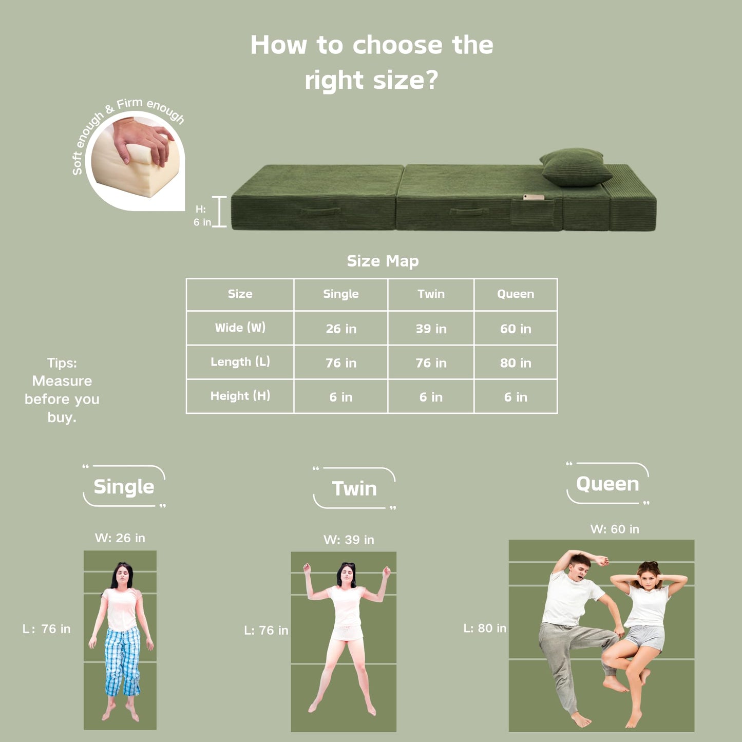 HILERO Folding Sofa Bed, 4 in 1 Convertible Sleeper Chair with Pillow, Single Memory Foam Fold Out Chair Bed, Modern Floor Futon Sofa Couch Mattress for Living Room/Guest/Apartment, Green