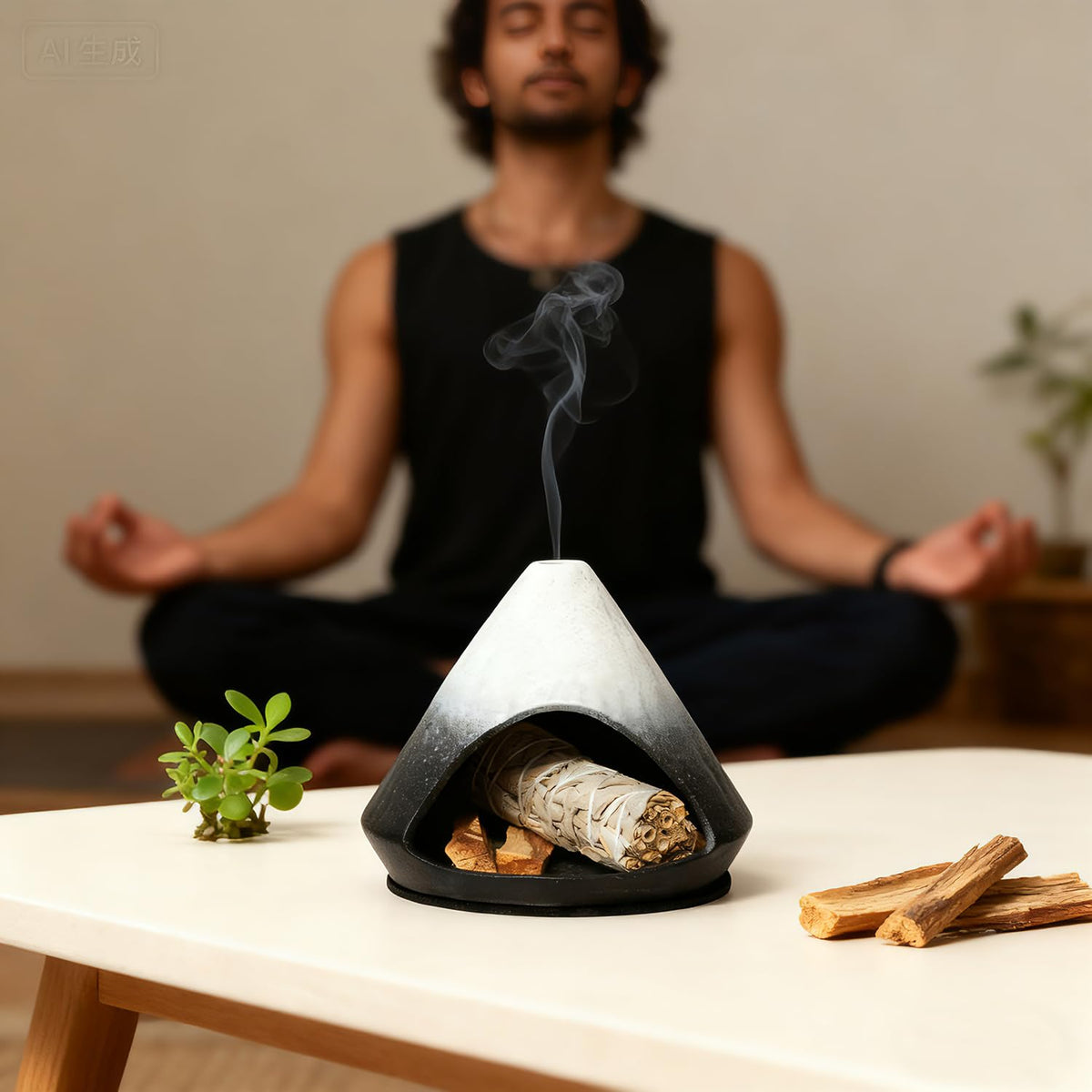 Fluvie Incense Burner Holder for Palo Santo Sticks,Sage,Cone,Mountain-Inspired Handcrafted Ceramic Ash Catcher Smudge Bowl for Yoga Meditation Energy Cleansing Room Décor,Black