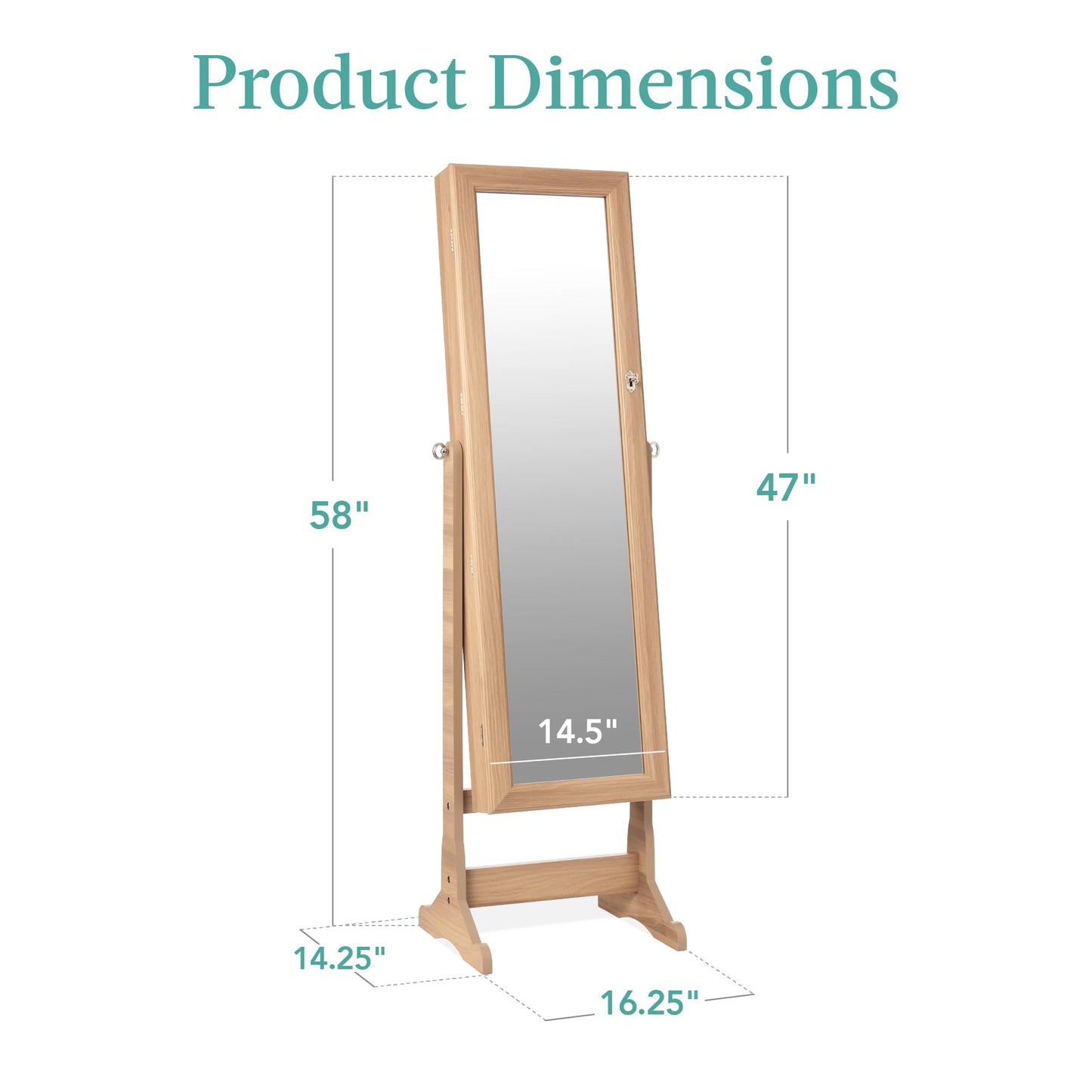 Best Choice Products Freestanding Jewelry Armoire Cabinet, Full Length Standing Mirror, Lockable Makeup Storage Organizer, w/Velvet Lining, 3 Angles, Lock, Accessory Pouch, 5 Shelves - Natural Oak