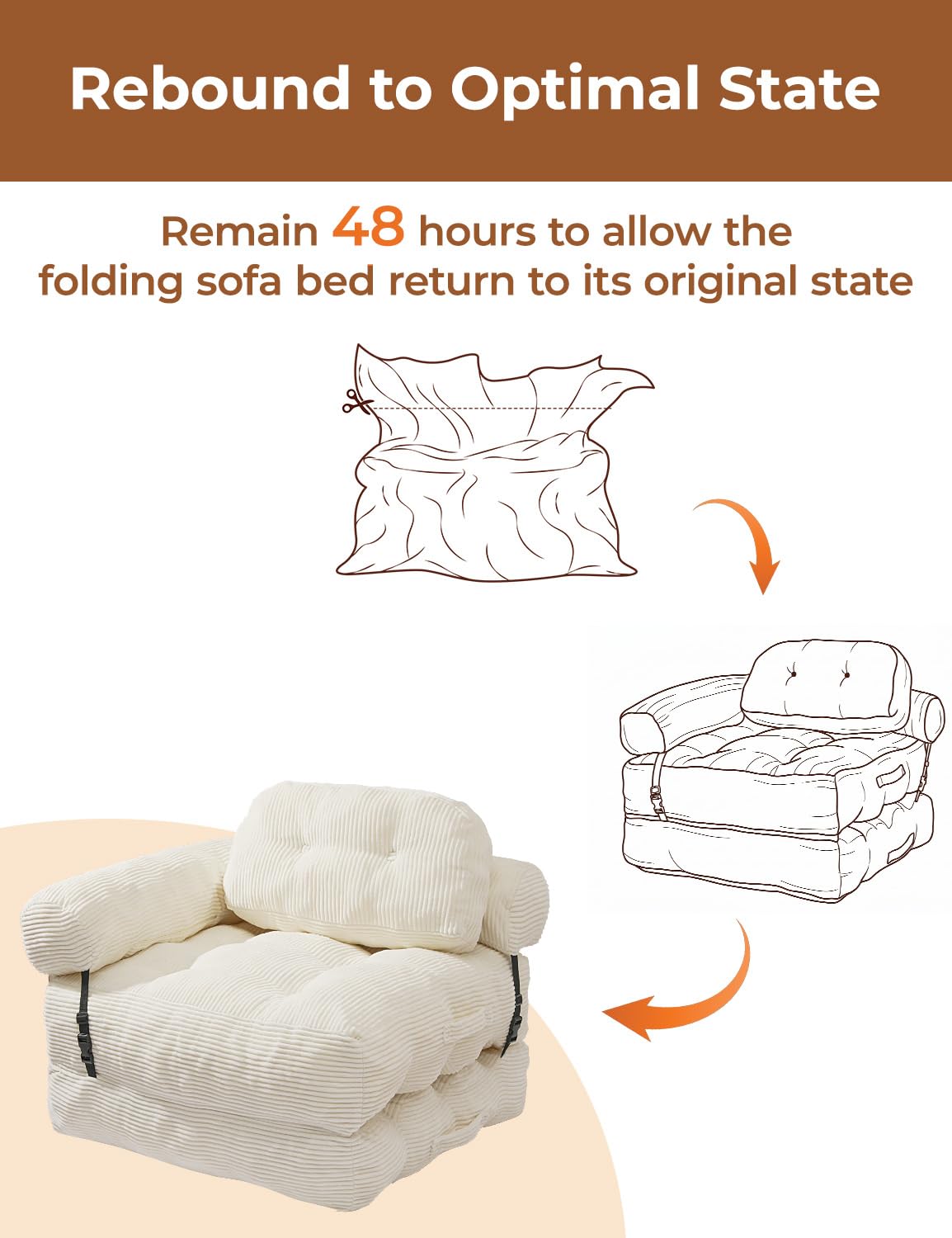 Vellorise Folding Sofa Bed, L-Shaped Couch Back Support and Arm Pillow Futon, Convertible Sofa Bed for Living Room/Guest Use/Home Office, Boneless Foldable Couch for Adults, White