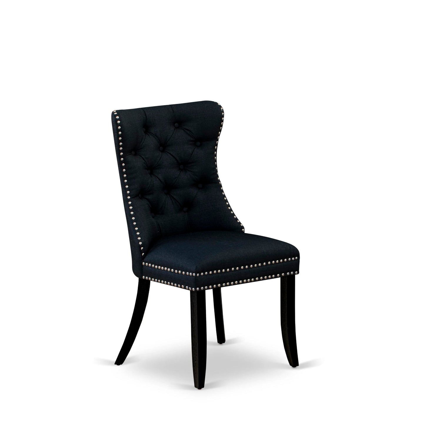 East West Furniture DAP6L24 Dallas Parson Kitchen Chairs - Button Tufted Nailhead Black Linen Fabric Upholstered Dining Chairs, Set of 2, Wirebrushed Black