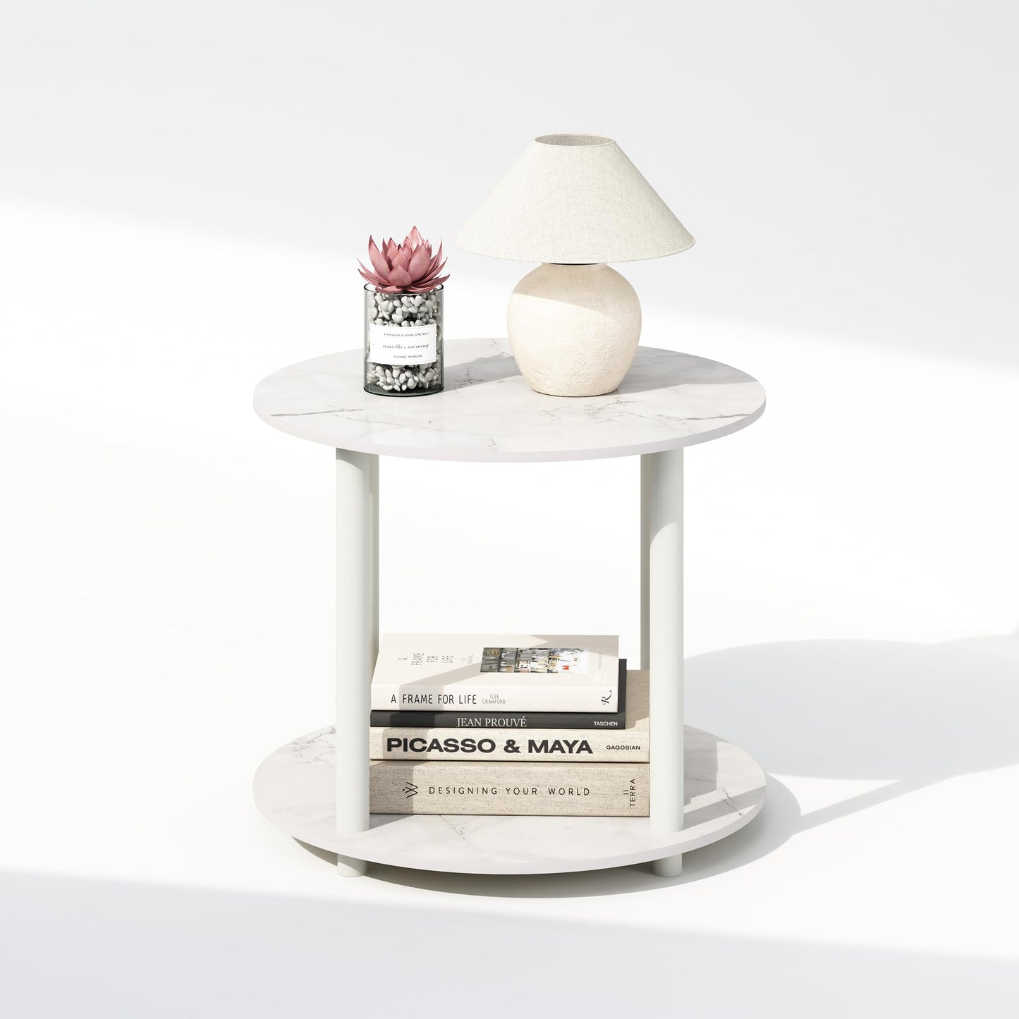 Furinno Turn-N-Tube Side Table, 2-Tier Round End Table with Open Shelf, Night Stand, Bedside Table, Toolless Assembly, for Living Room, Bedroom, Marble White