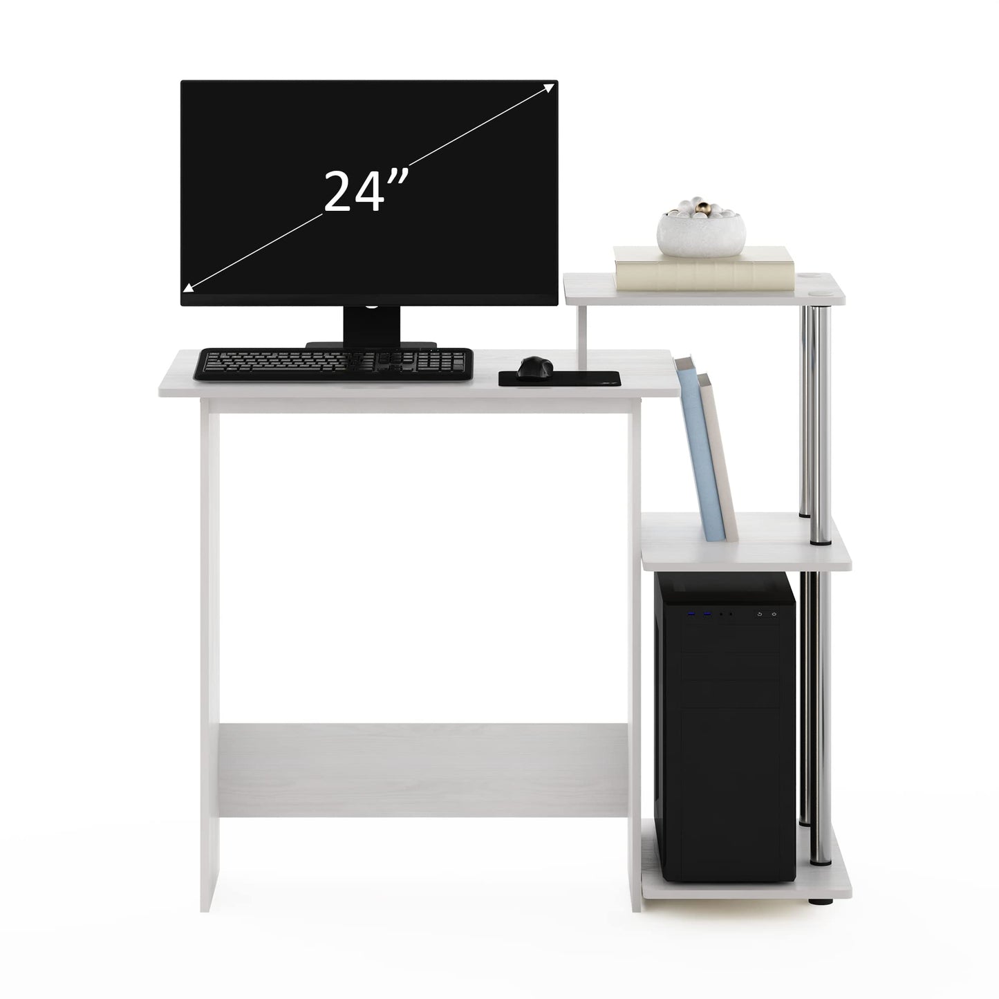 Furinno EFFICIENT Desk, 28.6" Wide Gaming Desk with 3 Open Side Shelves, Laptop Notebook Computer Desk, Office Desk for Home Office, Study Room, Dorm, Bedroom, White Oak/Stainless Steel