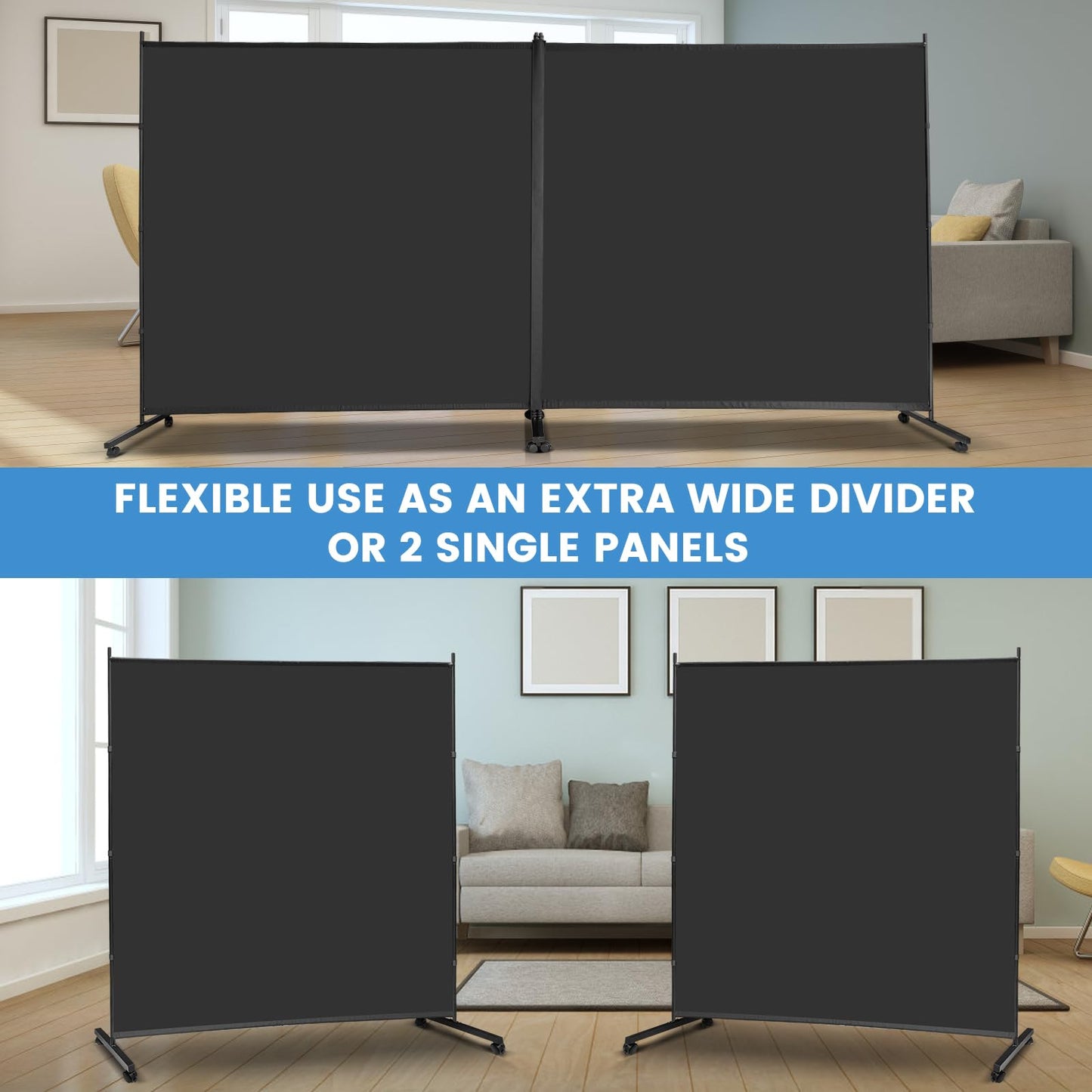 MAYOLIAH Indoor Room Divider 2 Large Panels on Wheels, 142”W x 75”H Rolling Privacy Screen W/Cover Strip, Portable Wall Divider for Home Office Partition, Black