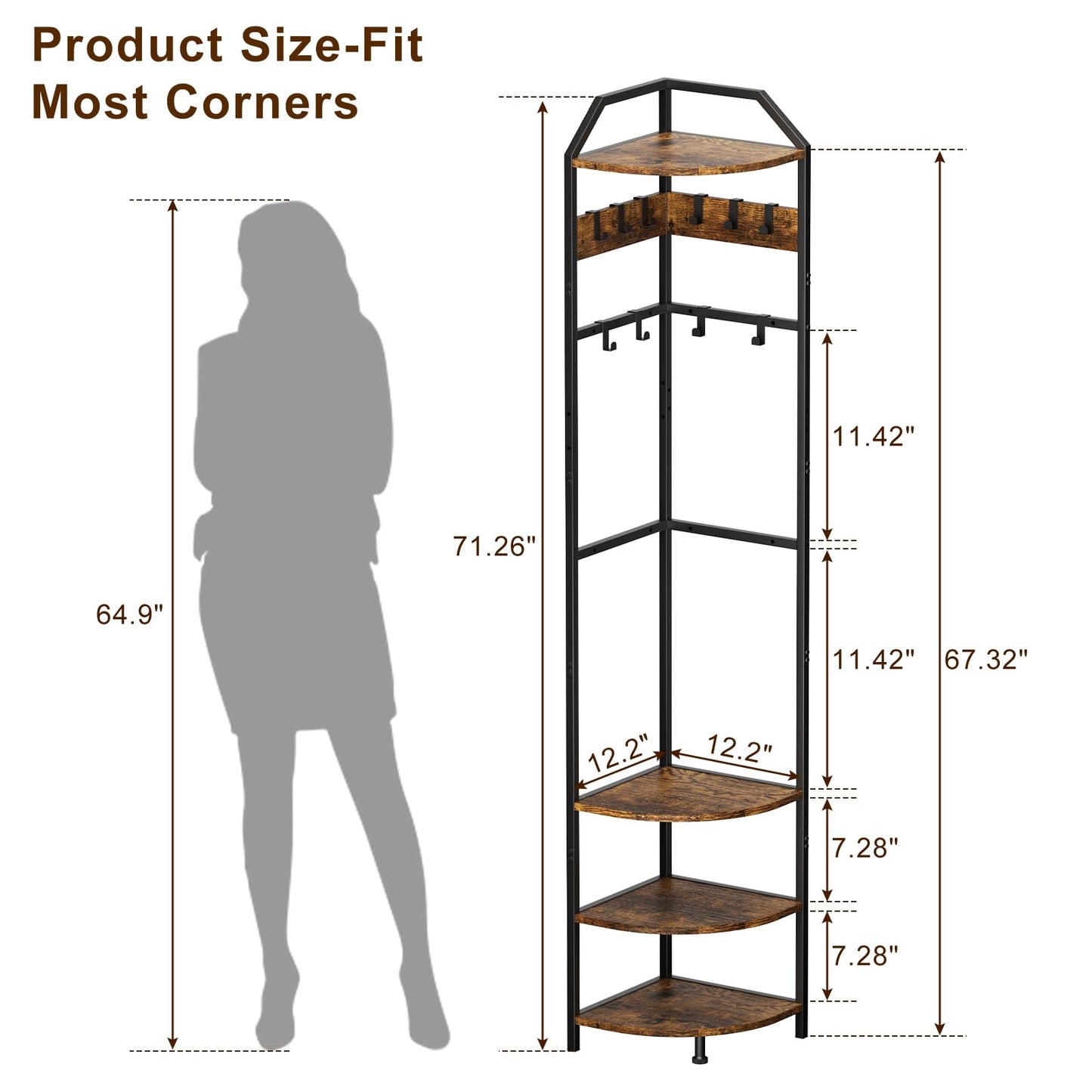 X-cosrack Corner Hall Coat Tree Freestanding with 10 Movable Hook, Shelf-Adjustable Coat Rack Stand for Purse, Hat, Bag and Shoe, Narrow for Small Space Living Room Bedroom Office Entryway Storage