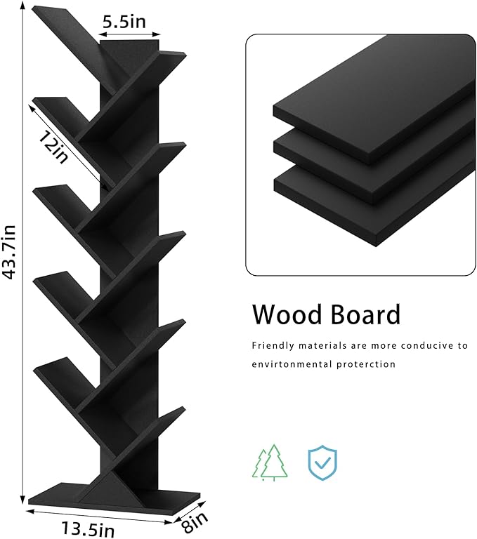 SHEEPAM 10 Tier Tree Book Shelf, Floor Standing Wood Bookshelf