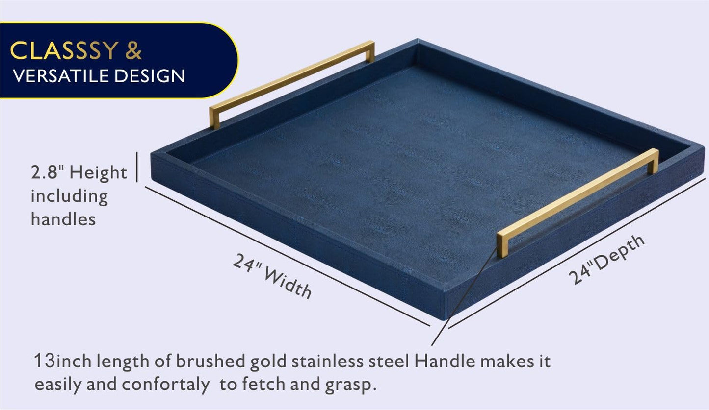 24"x24" Oversized Square Ottoman Tray for Living Room, Extra Large Navy Blue Shagreen Leather Decorative Tray for Coffee Table,Wooden Serving Trays for Dinner Party (navyblue-Gold Handle, 24")