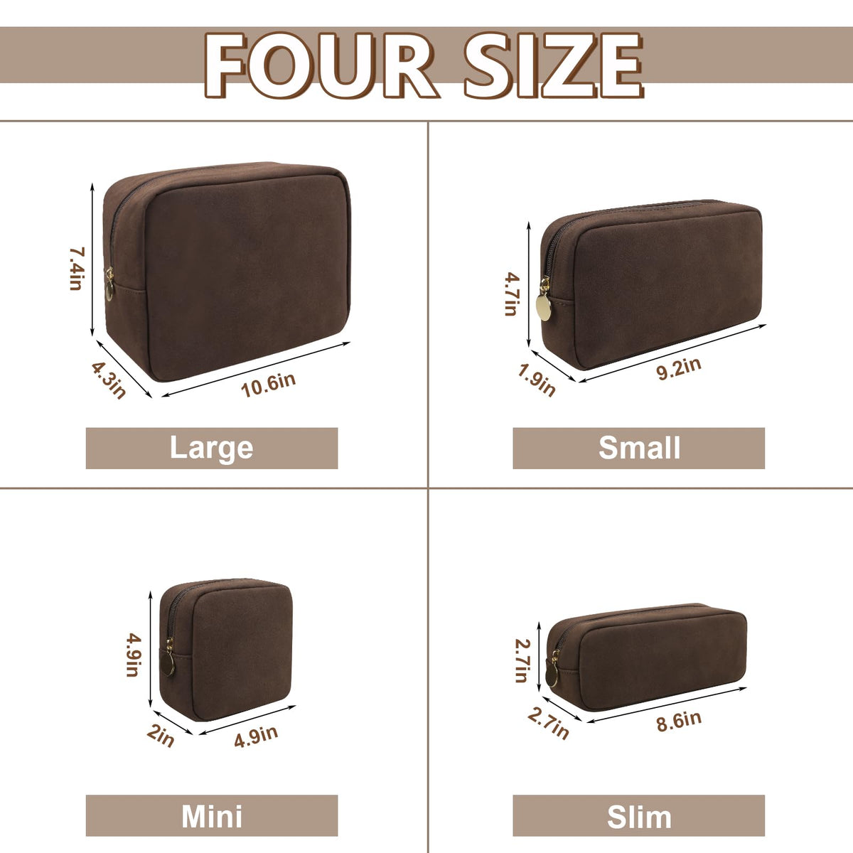 UIXIZQ Waterproof Small Makeup Bag for Purse,Cute Pouch Preppy Suede Makeup Brush Holder with Zipper,Girls Teens Portable Storage Case Small Travel Toiletry Bag for Office(Slim-Coffee)