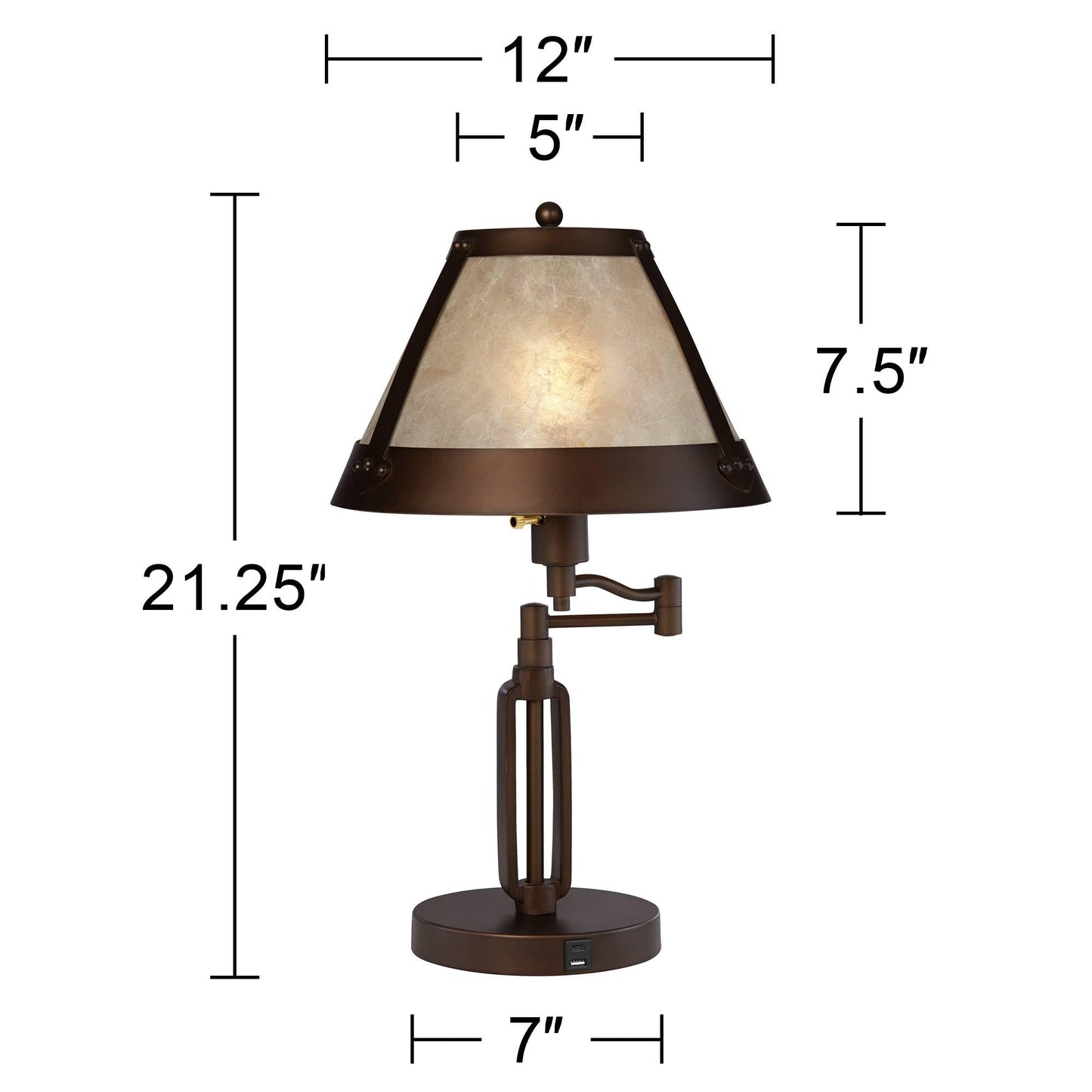 Franklin Iron Works Samuel 21 1/4" High Rustic Swing Arm Accent Table Lamp with USB Ports A+C Charging Bronze Natural Mica Shade for Living Room Bedroom House Bedside Nightstand Home Office Family