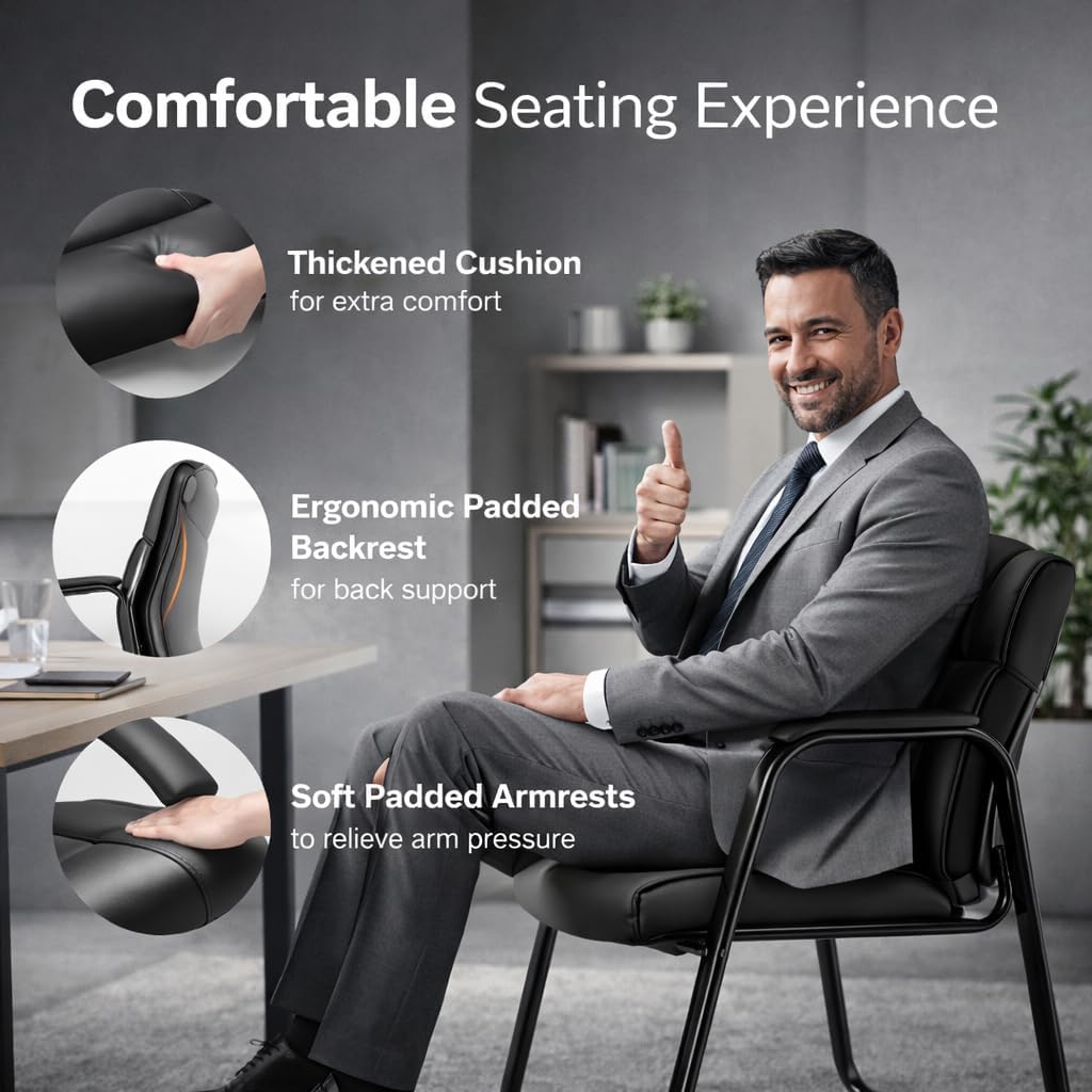 Kindbear PU Leather Waiting Room Chair Set of 4, Office Guest Reception Seating with Padded Arms, Stationary Conference Table Chair for Lobby Clinic Home Desk Bedroom,Black