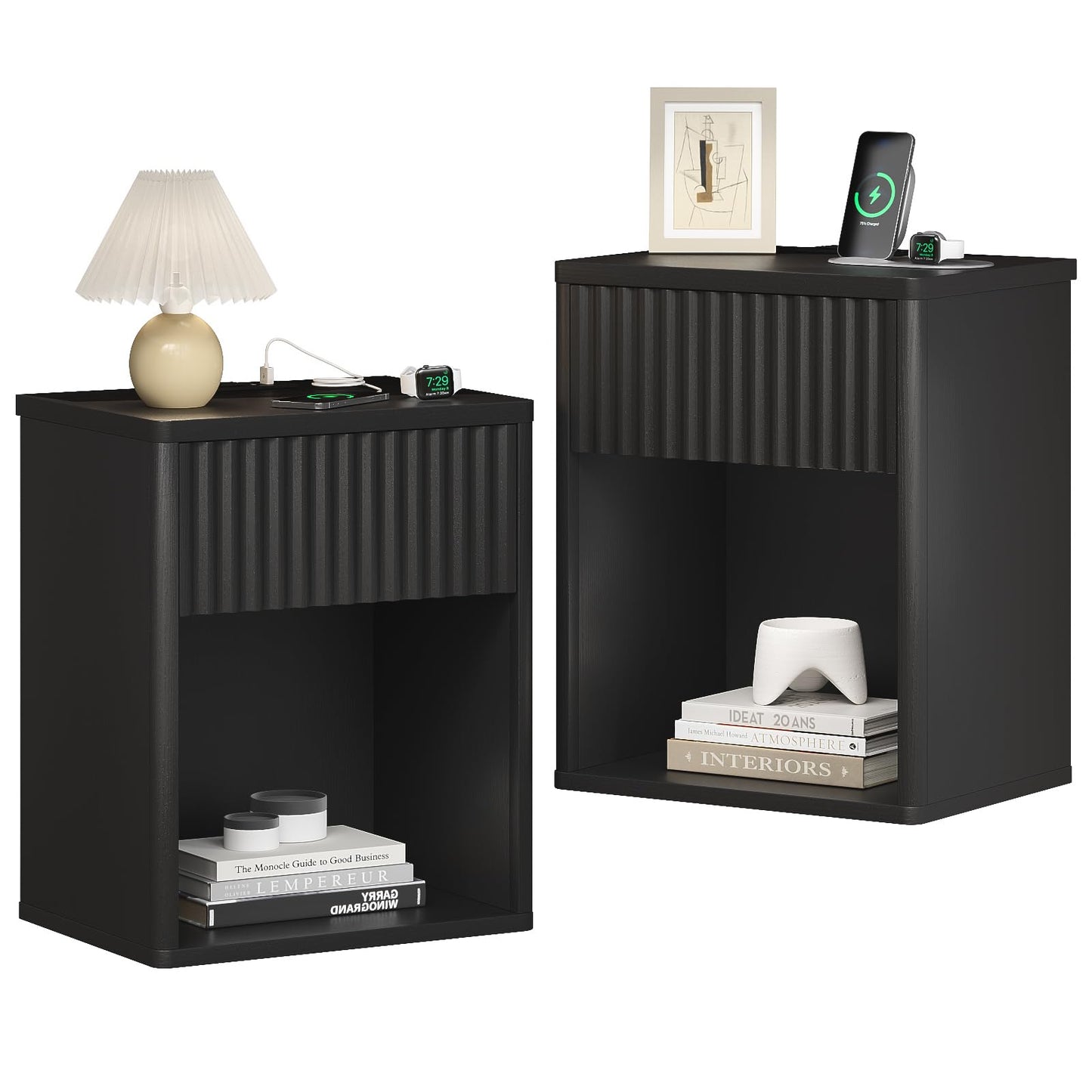 Fluted Black Nightstands Set of 2 w/Charging Station, Wooden End Table Bed Side Table with Curved Drawer, Mid Century Modern Fluted Night Stand with Rounded Edge for Bedroom, Living Room