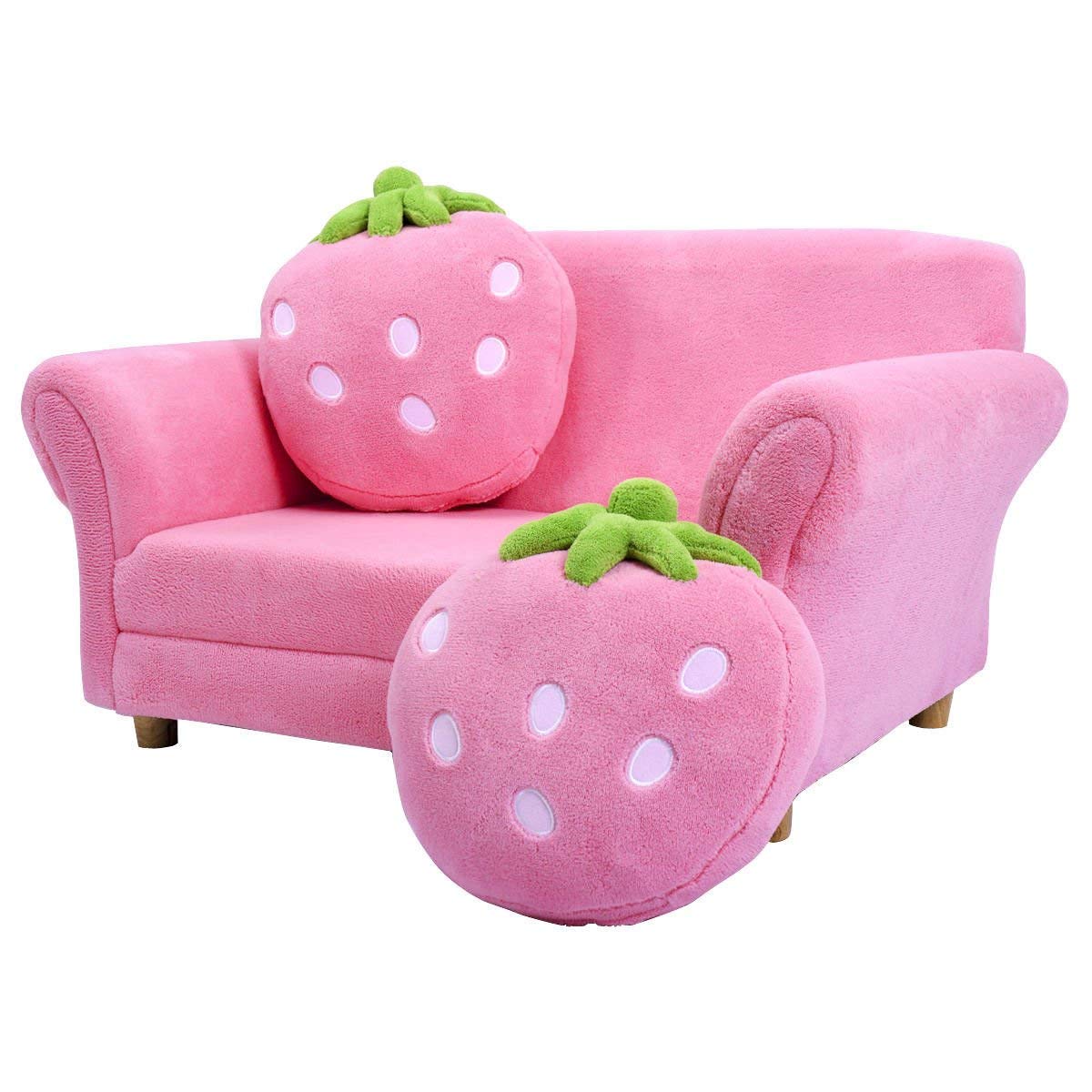 Costzon Kids Couch, Double Seat Pink Children's Sofa with 2 Strawberry Pillows, Toddler Armrest Chair for Bedroom, Living Room, Large Soft for Kids Loveseat for Baby Girls Pets Preschool Gifts