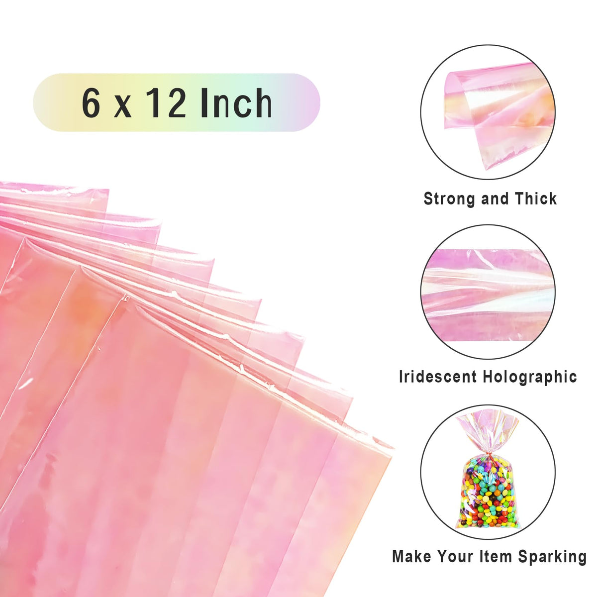 Yotelab Iridescent Holographic Cellophane Treat Bags, 6x12 Inches, Party Favors with Twist Ties, 100 Pieces