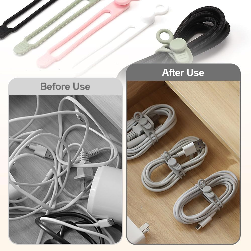 20Pcs Silicone Cable Ties, 2026 New Data Cable Organizer, Silicone Cable Ties Cable Management Organizer, Cable Management for Fastening Charger Home Office Desk Kitchen Appliances Cords Wires (20)