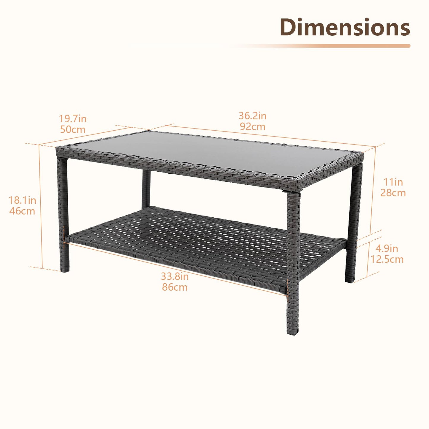 C-Hopetree Small Outdoor Coffee Side End Table for Outside Patio Storage, Gray All Weather Wicker with Glass Top, Rectangle