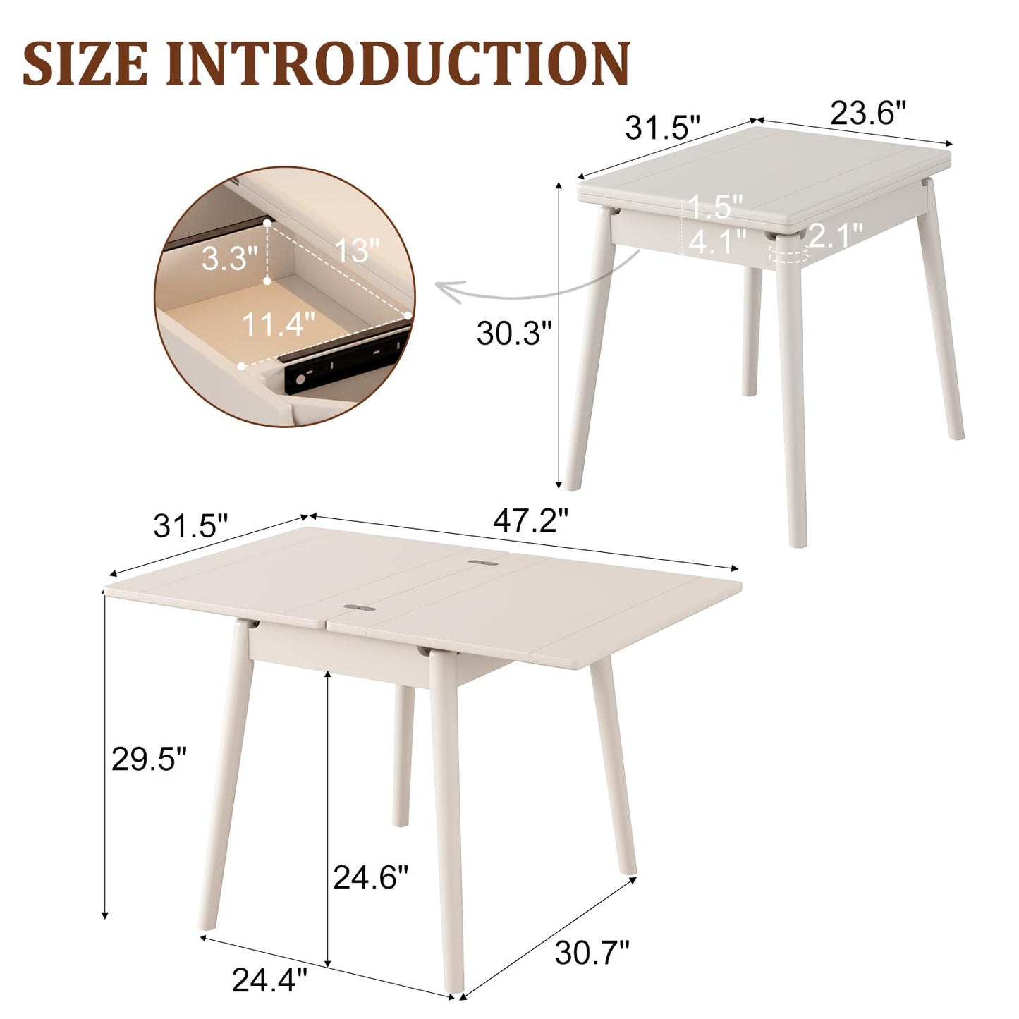 DONGMUWUJEE Solid Wood Small Dining Table for 2-6, 23.6"L-47.2"L Expandable Kitchen Table, Designed for Small Spaces, Easy Assembly, Suitable for Kitchen, Dining Room, Living Room, Apartment (White)