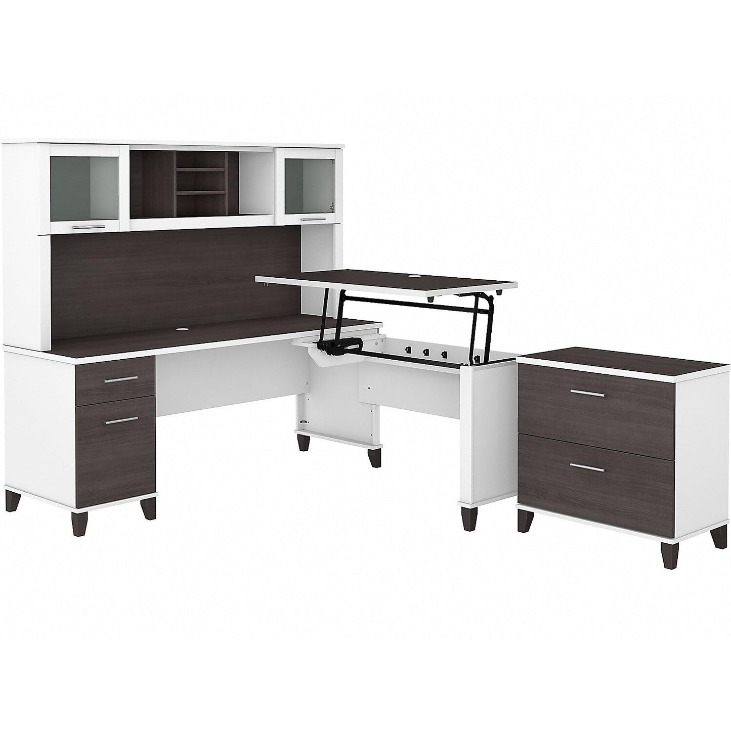 Bush Home Somerset 72W 3 Position Sit to Stand L Shaped Desk with Hutch and File Cabinet in White and Storm Gray