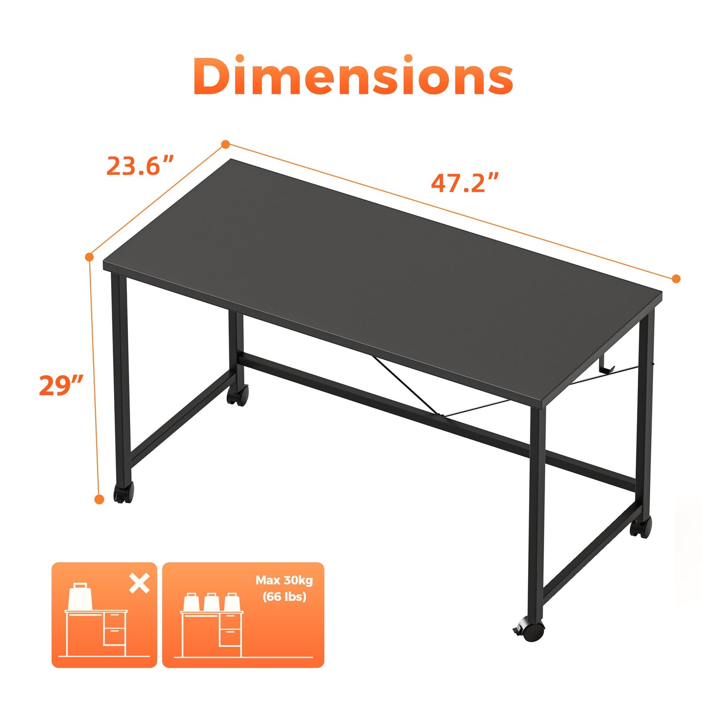 Mericonia 48 inch Rolling Computer Desk with Wheels, Gaming Desk for Small Spaces, Modern Simple Style Table for Home Office, Study Writing Table